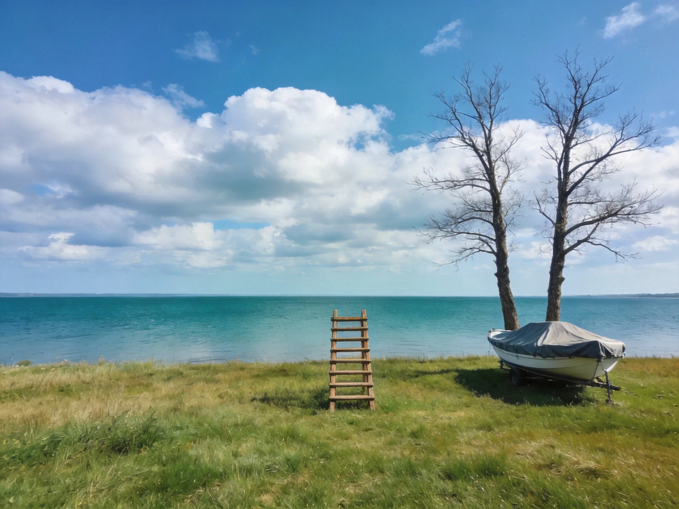 A serene lakeshore with a covered boat, bare trees, and a wooden ladder