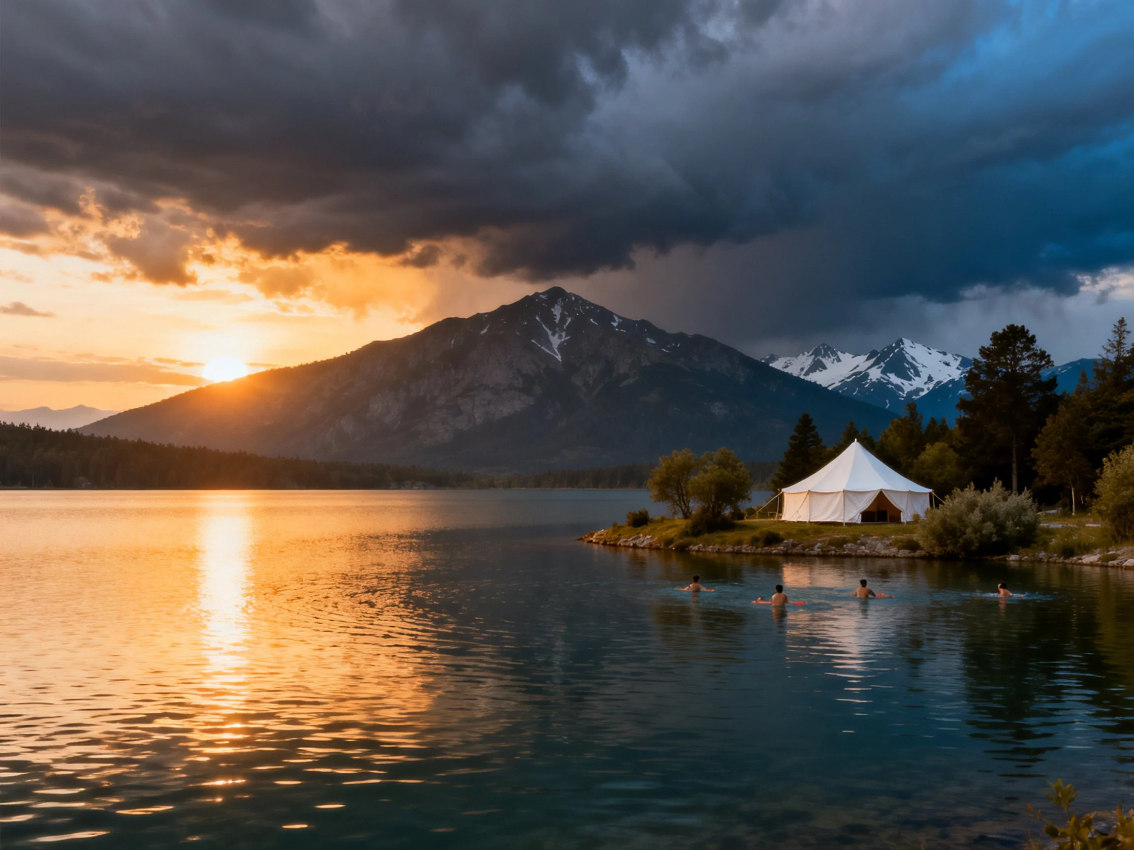 A serene lakeside campsite at dramatic sunset with swimmers
