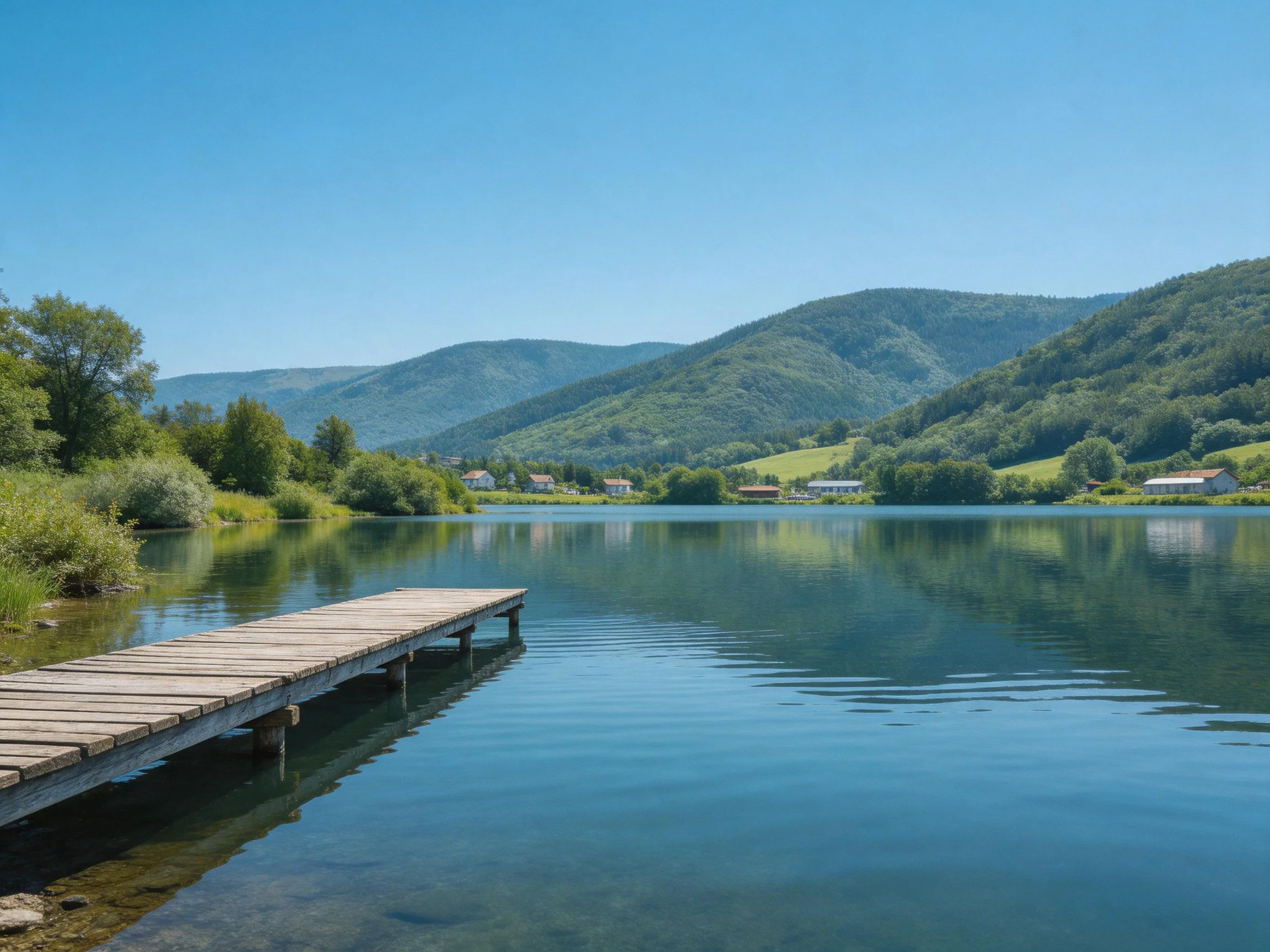 A serene lakeside dock with calm waters and lush green mountains