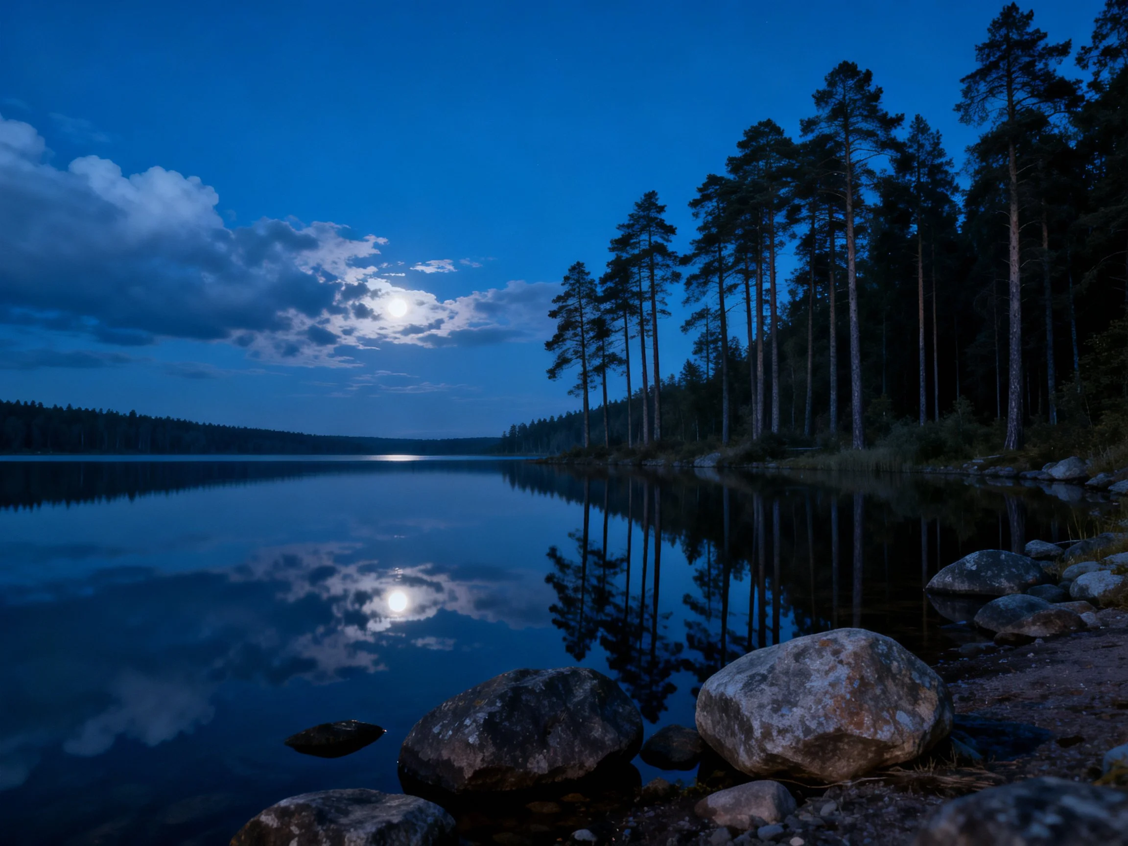 A serene lakeside night with tall pine trees reflecting