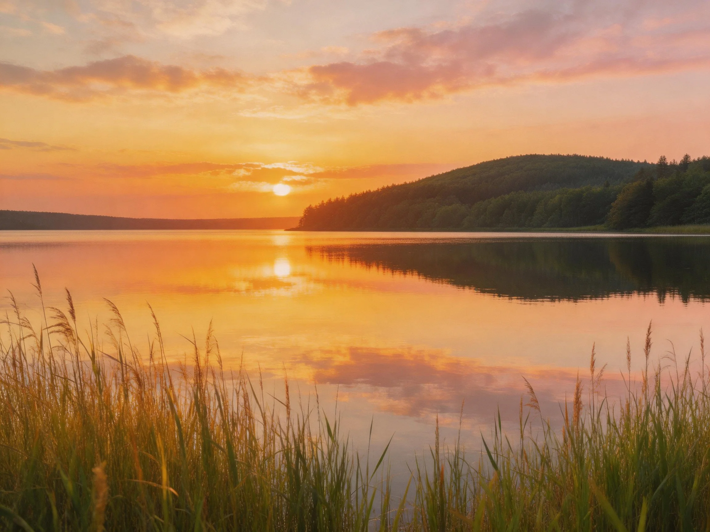 A serene lakeside sunset with golden reeds and forested hills