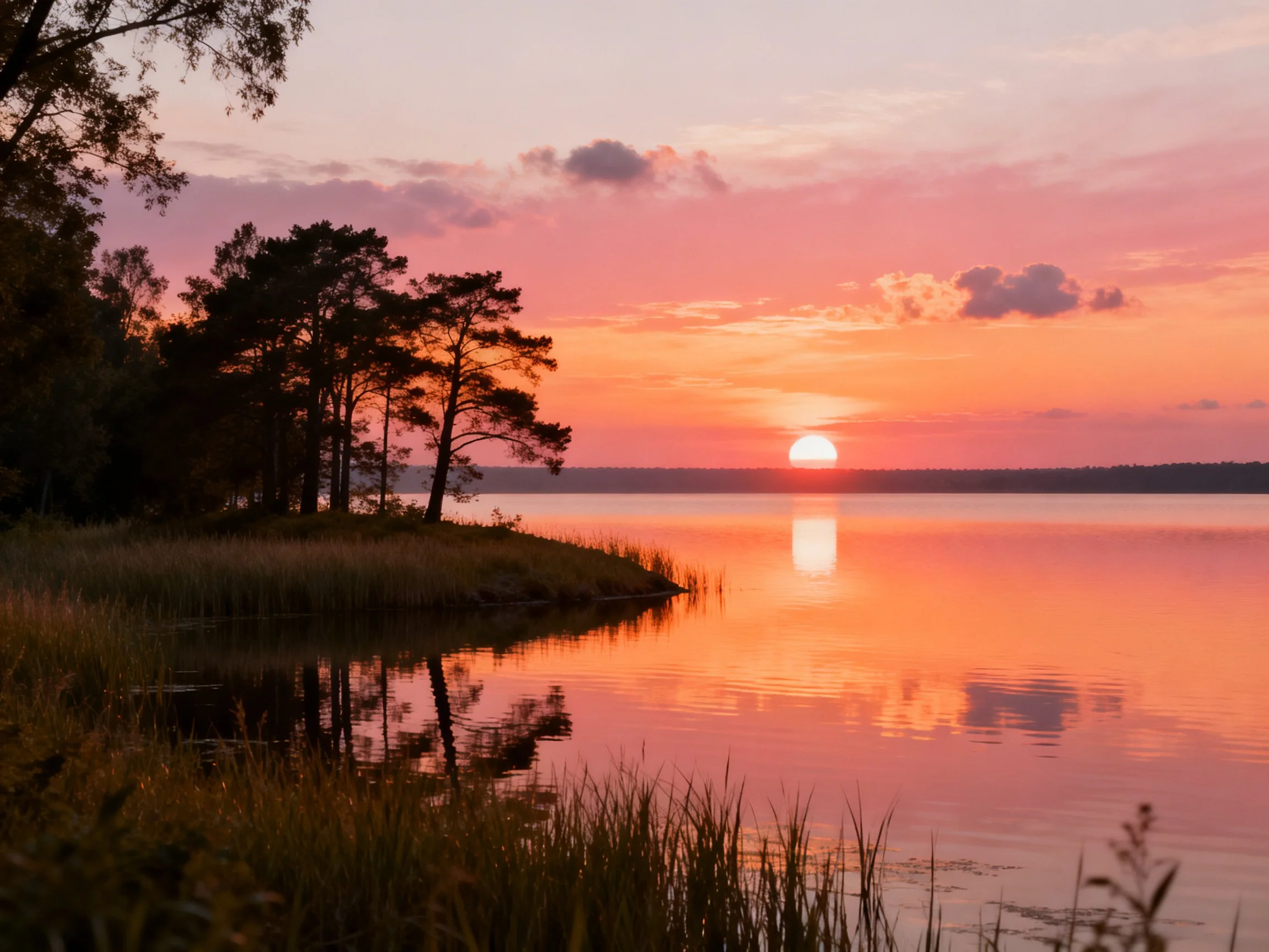 A serene lakeside sunset with silhouetted trees and pink-orange skies