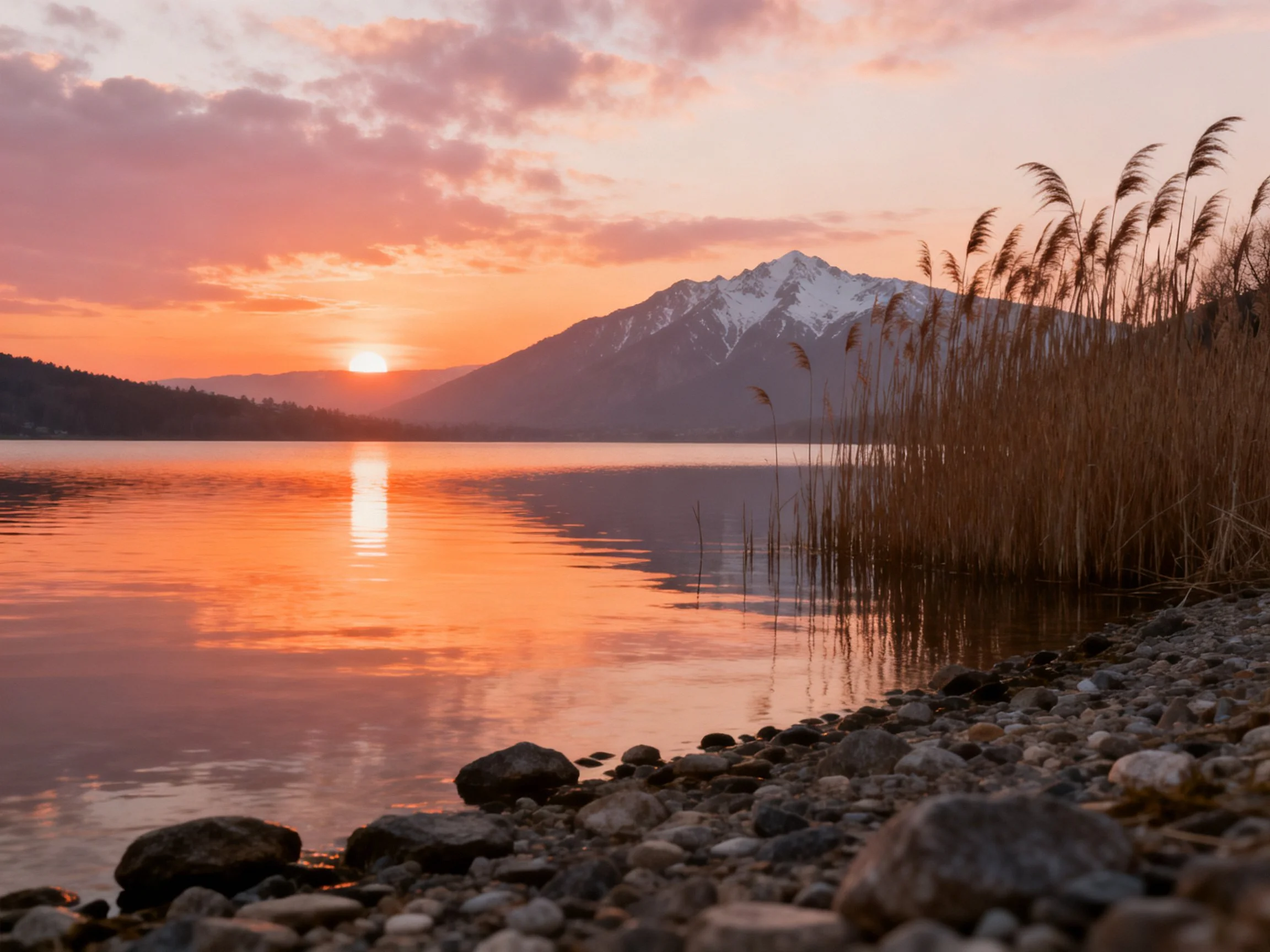 A serene lakeside sunset with snow-capped mountains and golden reeds