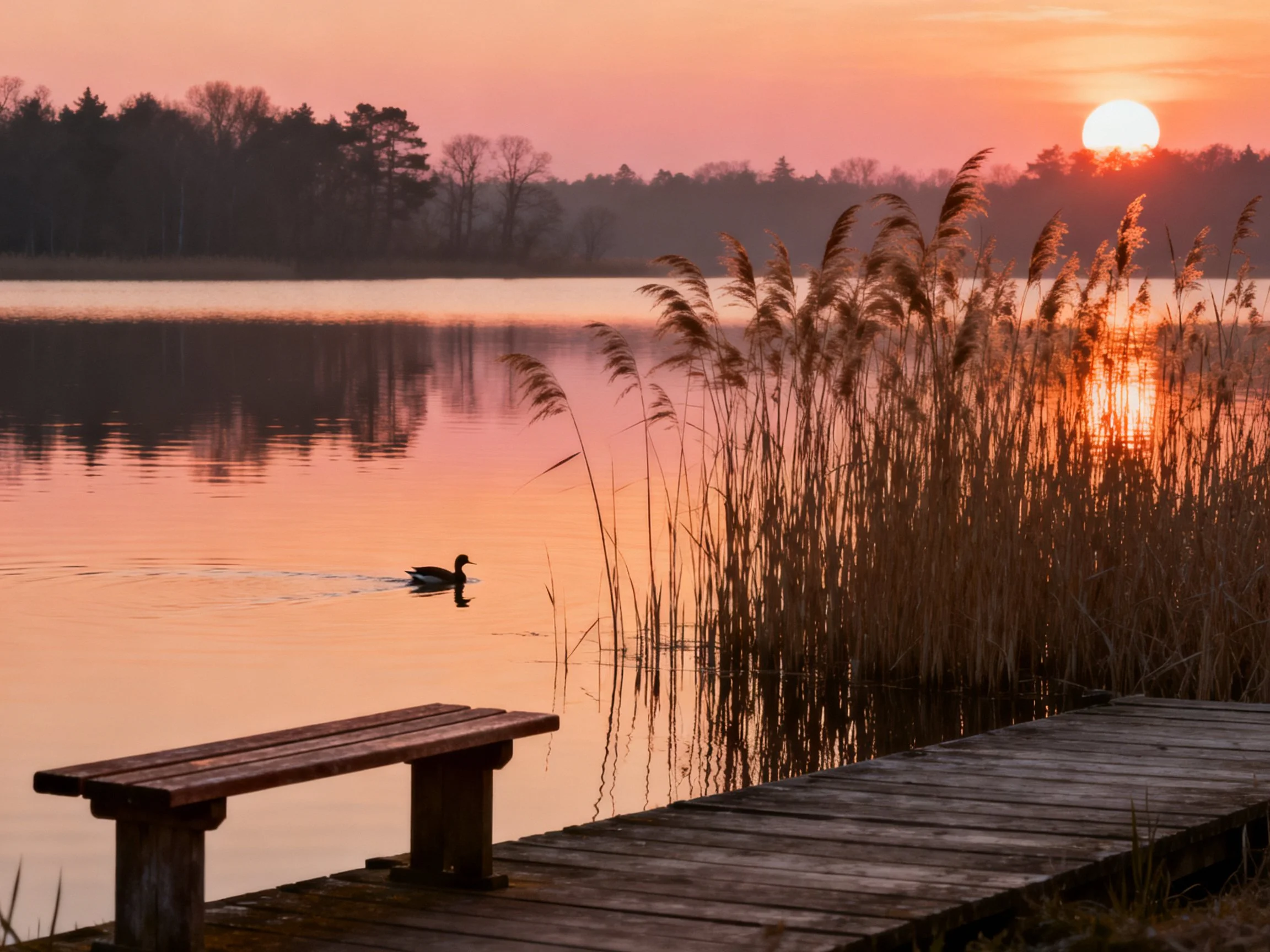A serene lakeside sunset with tall reeds and a swimming duck