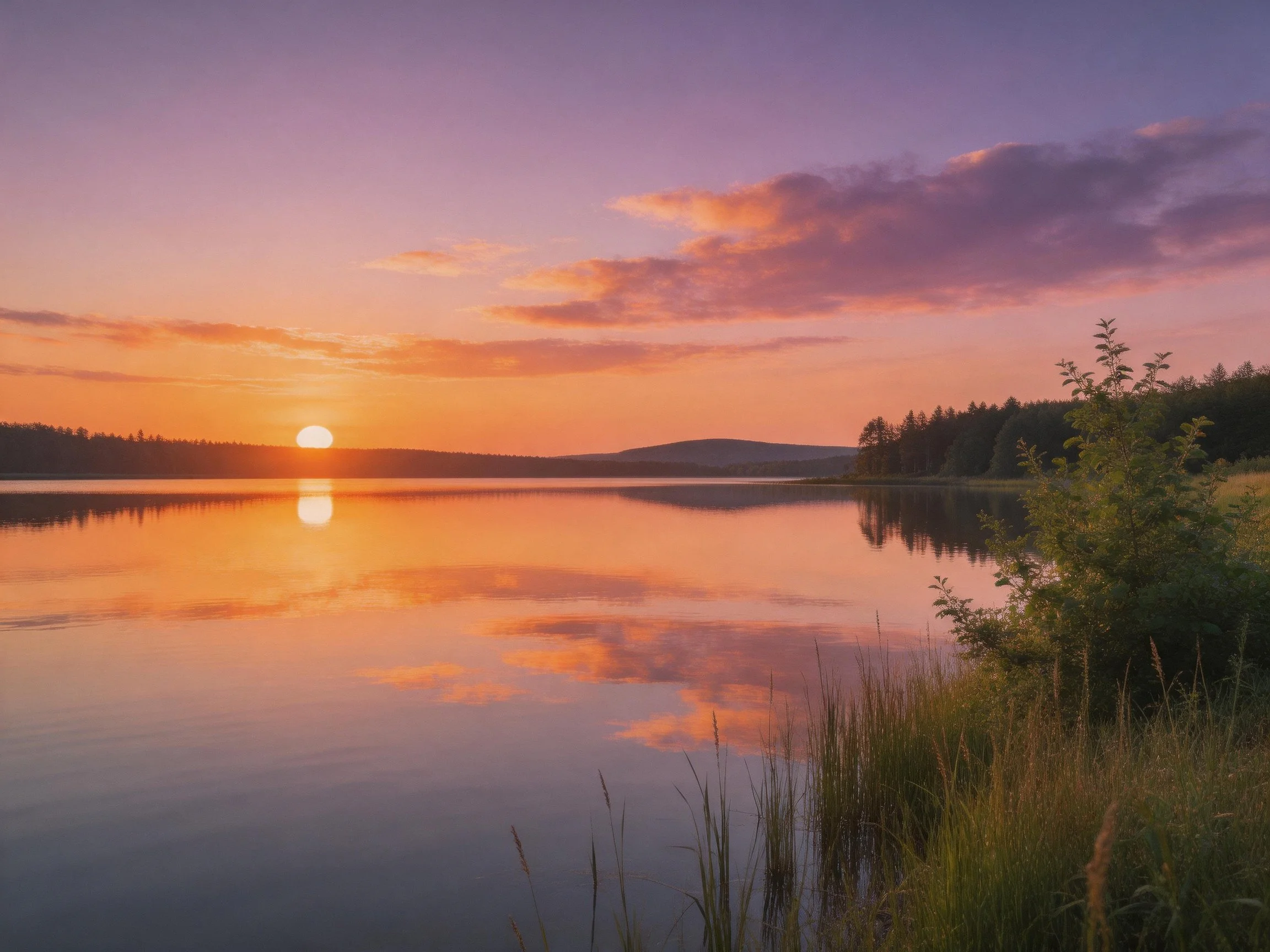 A serene lakeside sunset with vibrant purple-orange skies