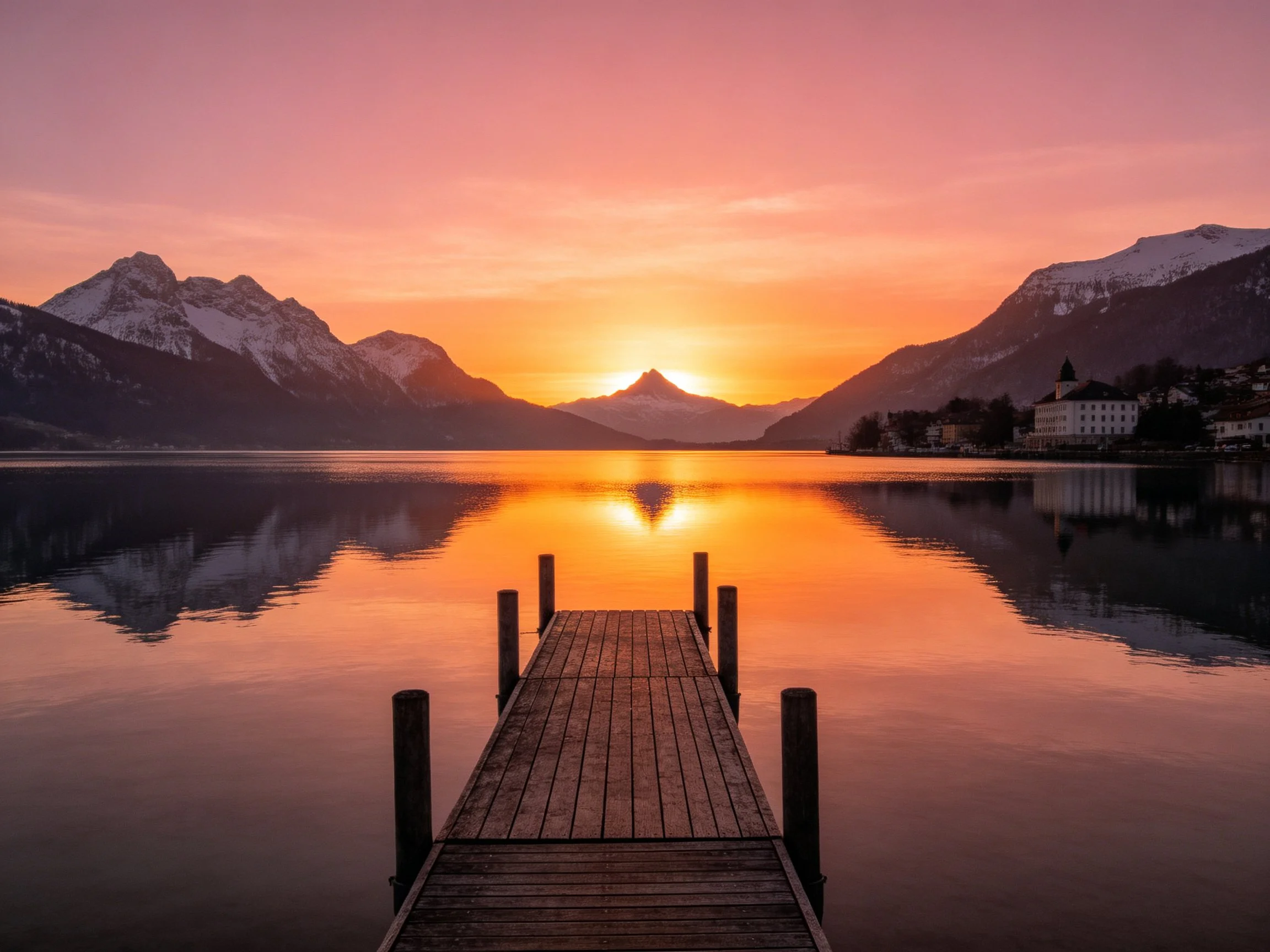 A serene lakeside sunset with wooden dock and mountain reflections