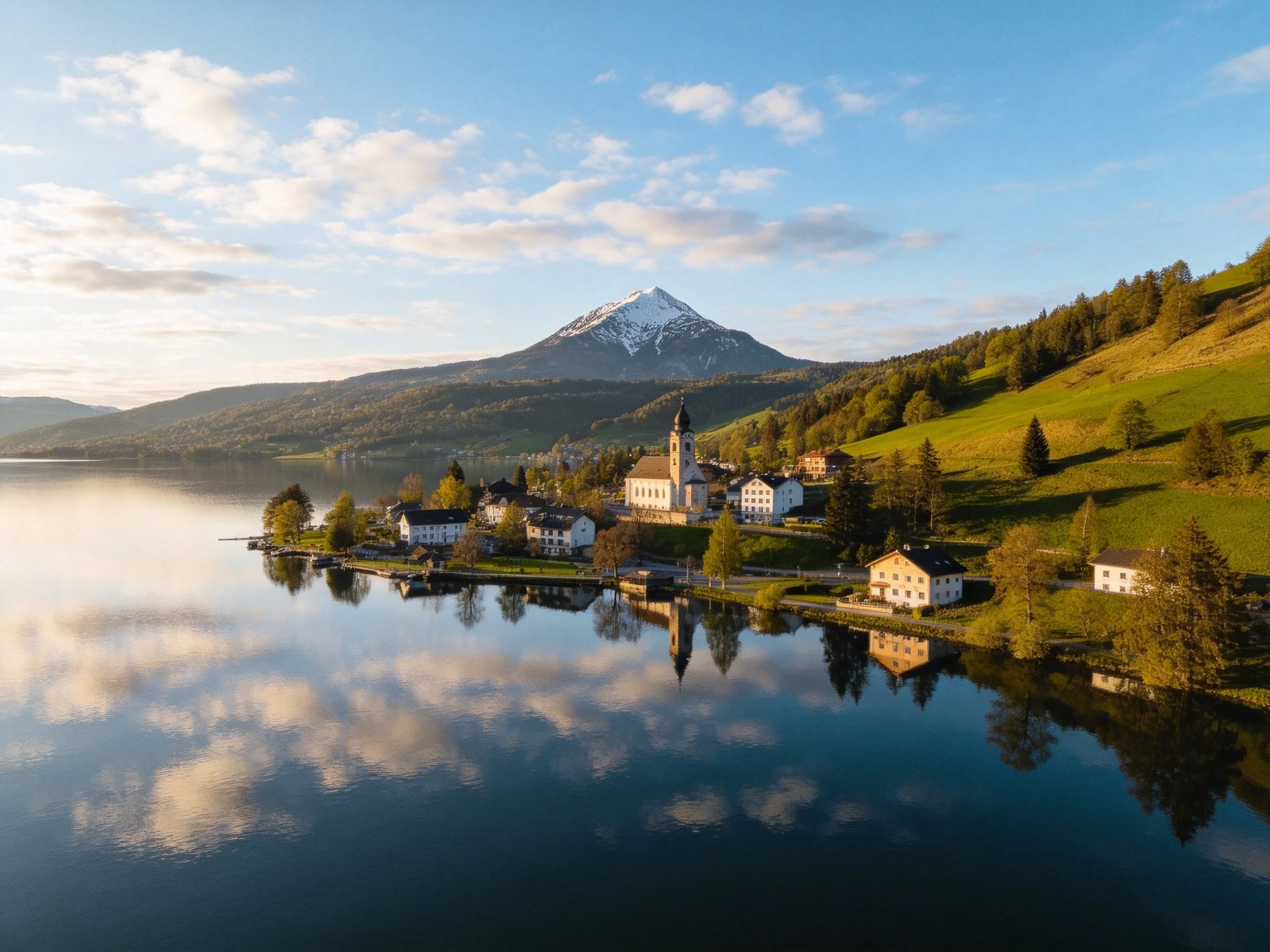 A serene lakeside village with a snow - capped mountain backdrop