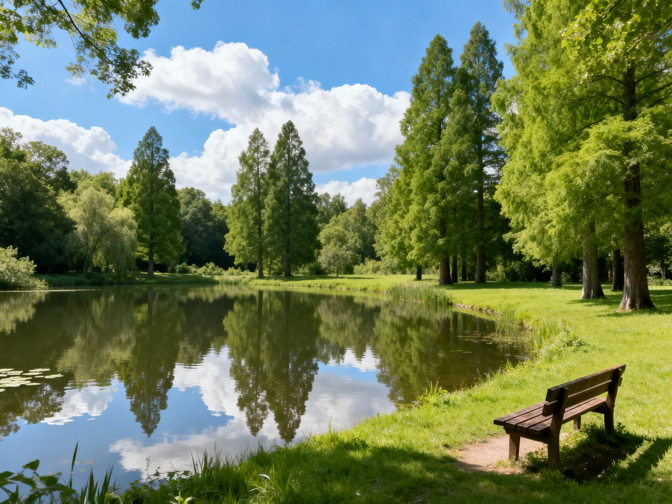 A serene lakeside with tall green trees and a wooden bench