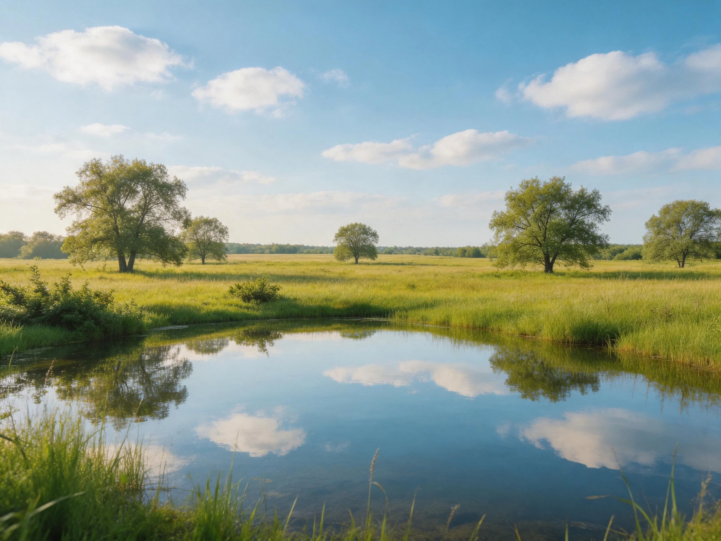 A serene landscape with a reflective pond, lush green meadows, and scattered trees