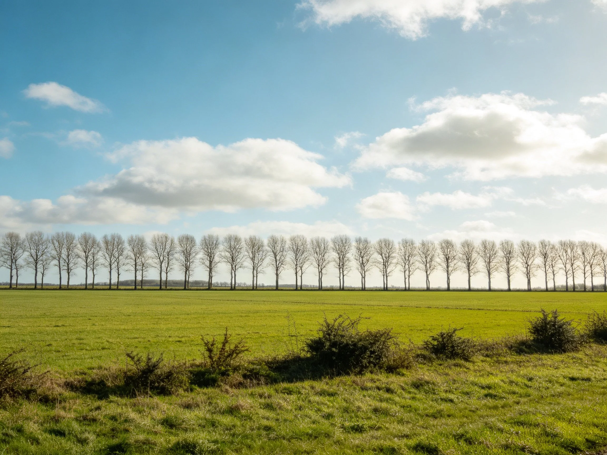 A serene landscape with a row of bare trees over a green field under a bright blue sky