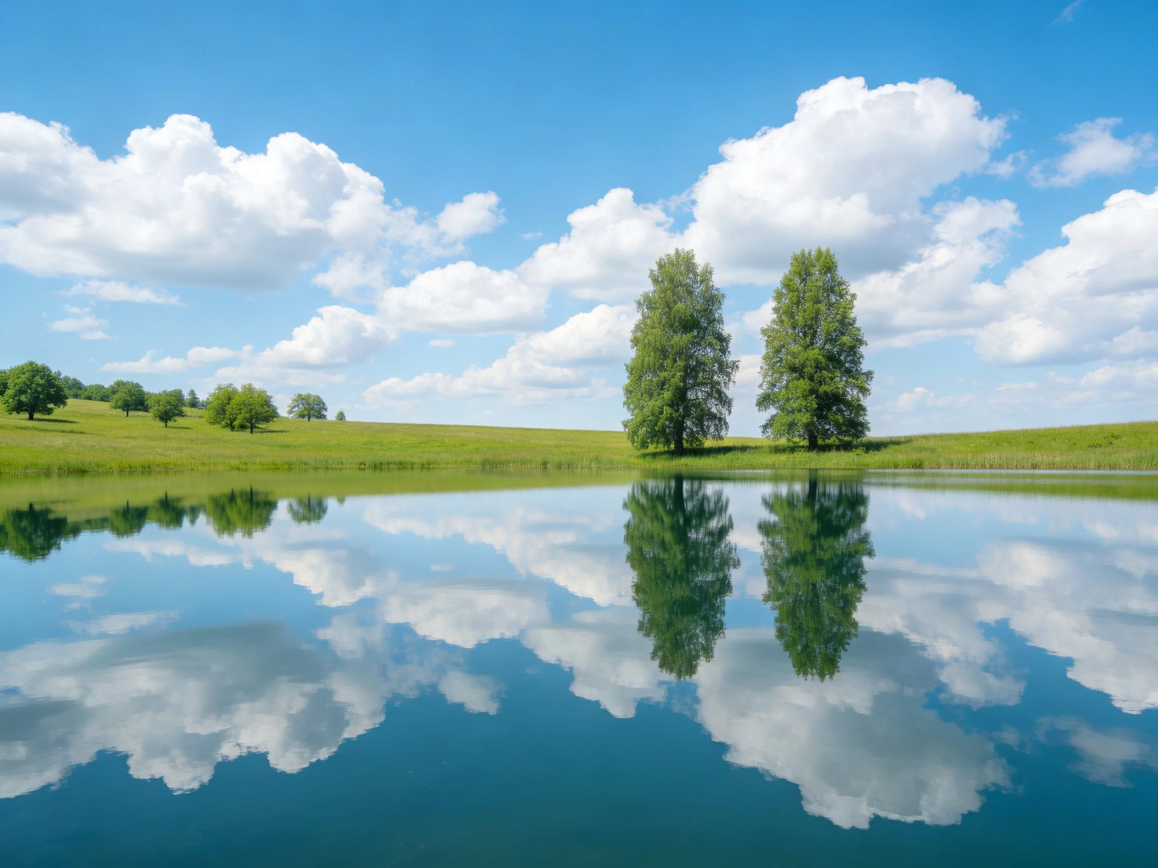 A serene landscape with two tall trees reflecting in calm water