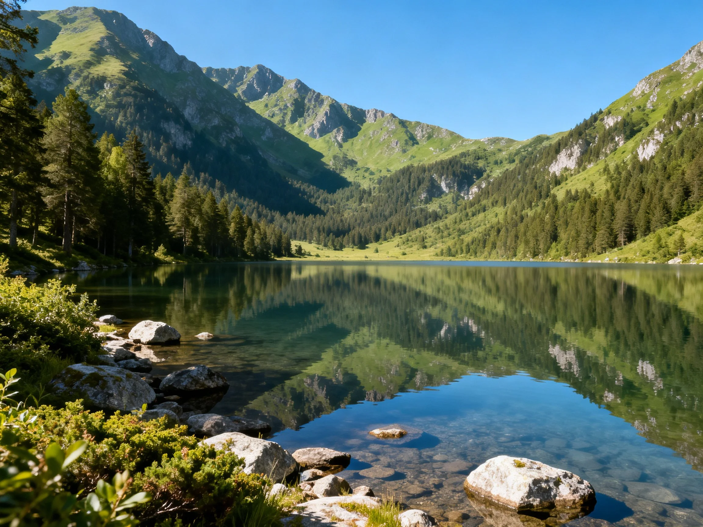A serene mountain lake reflects lush green hills and clear blue sky