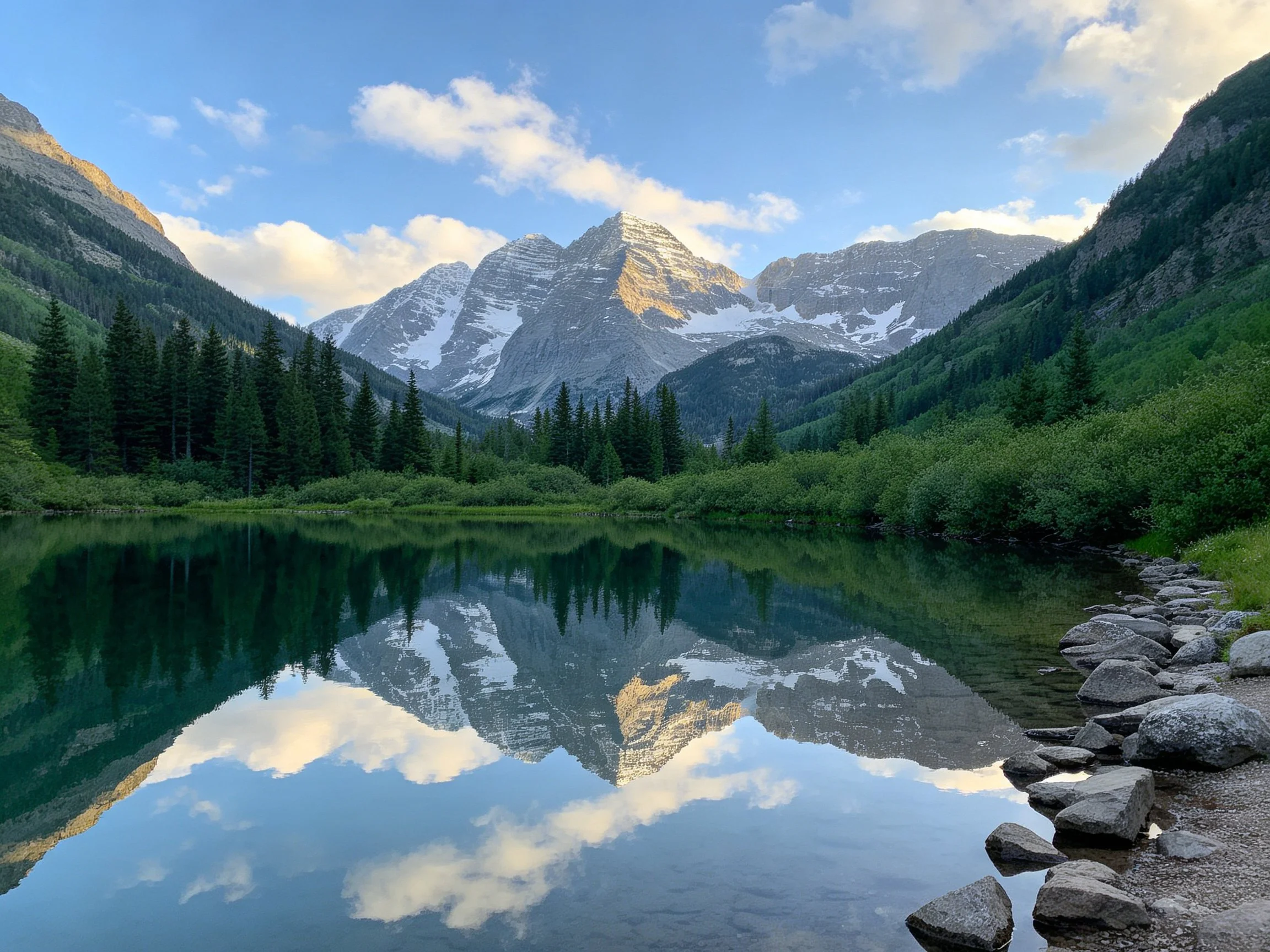 A serene mountain lake reflects snow-capped peaks among dense forests