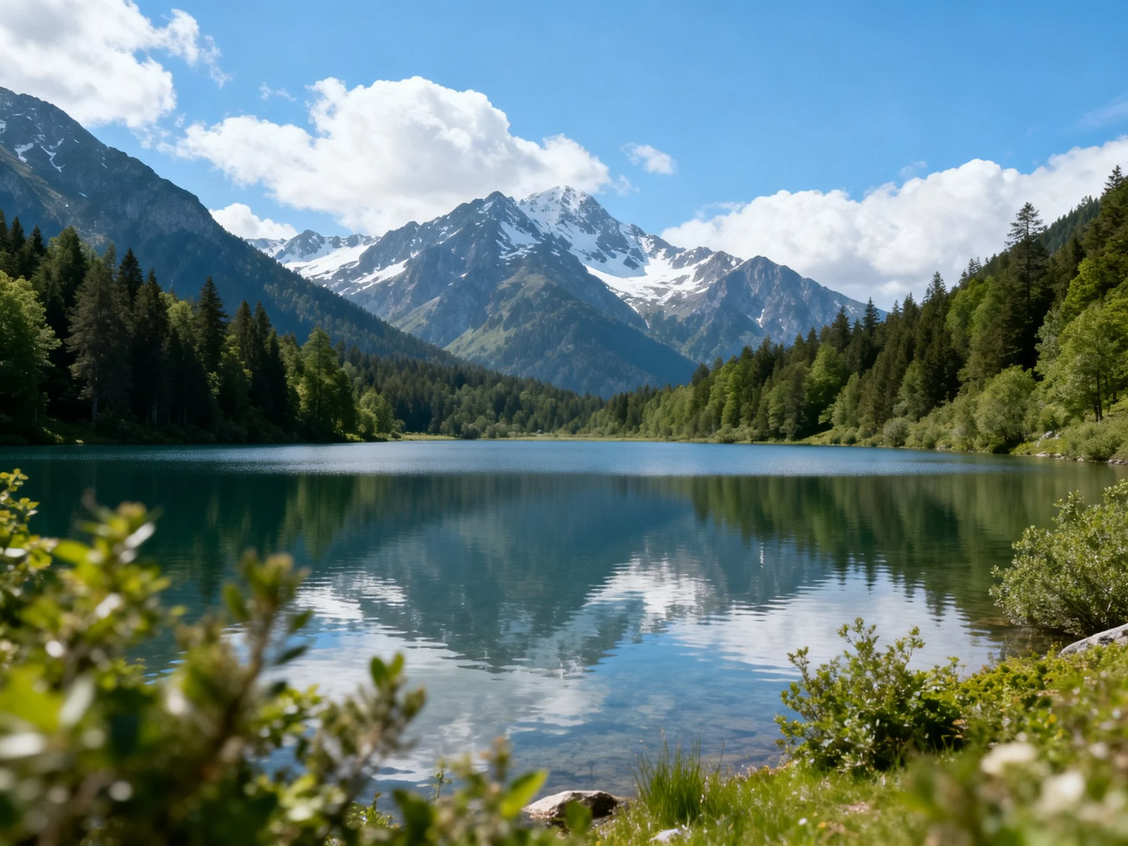 A serene mountain lake reflects snow-capped peaks and dense green forests