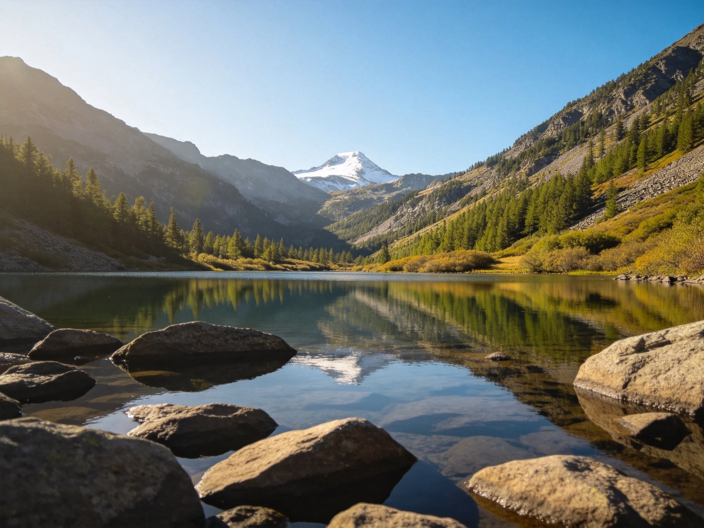 A serene mountain lake reflects snow - capped peaks and forested slopes