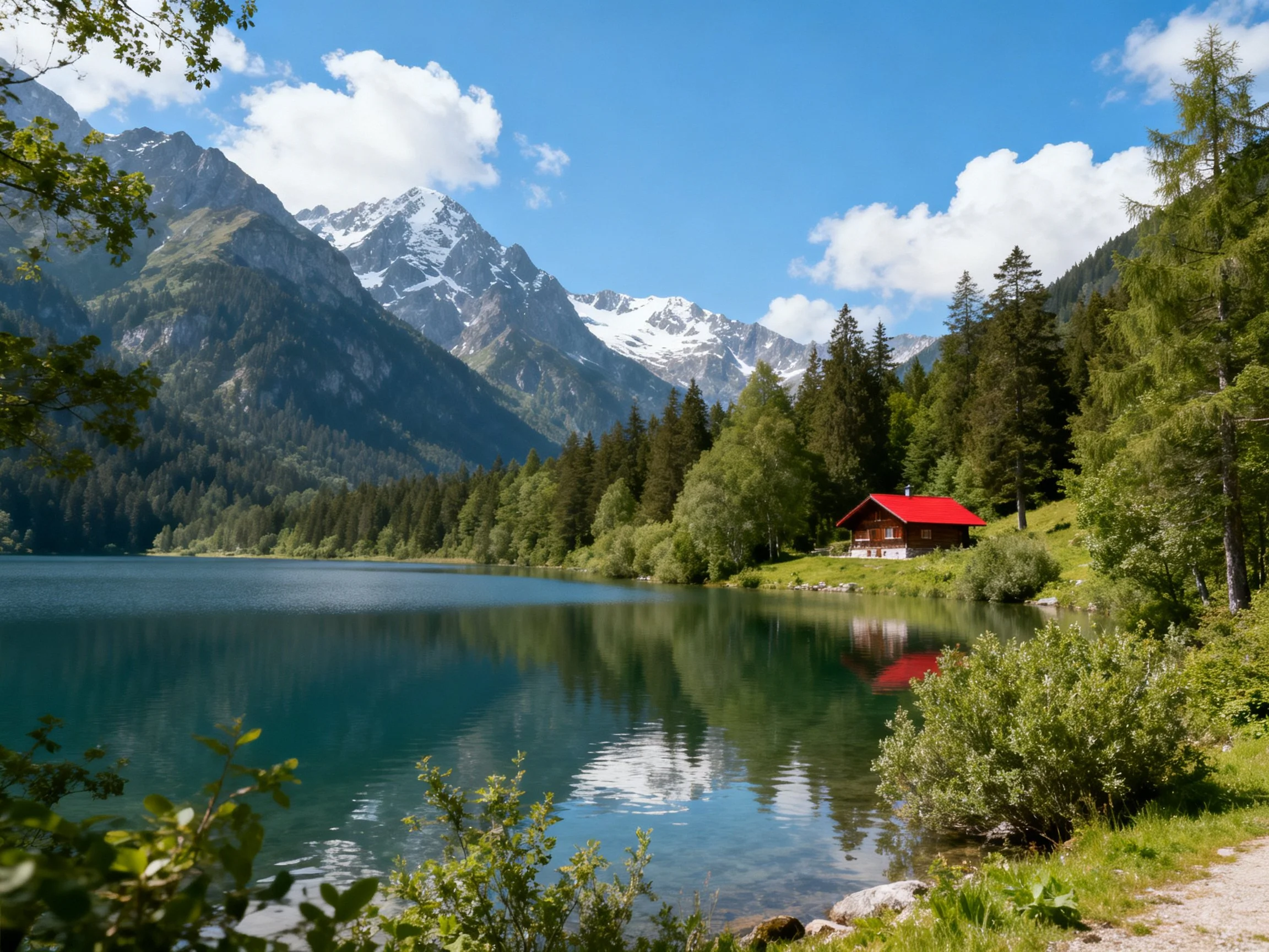 A serene mountain lake with a red cabin, lush forests, and snow-capped peaks