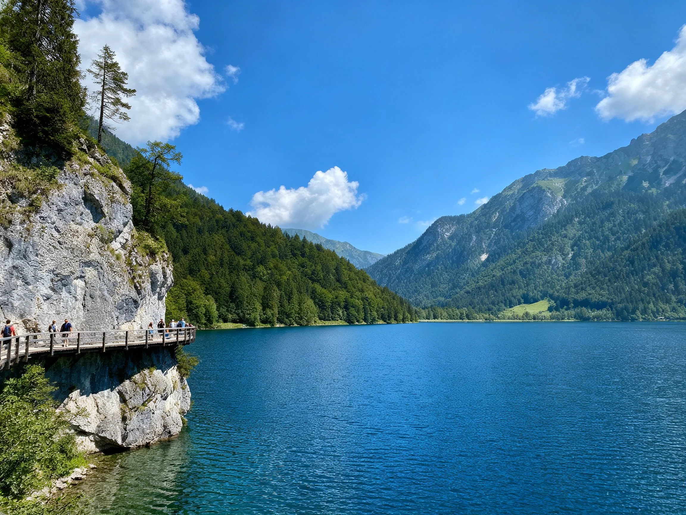 A serene mountain lake with blue waters and forested cliffs
