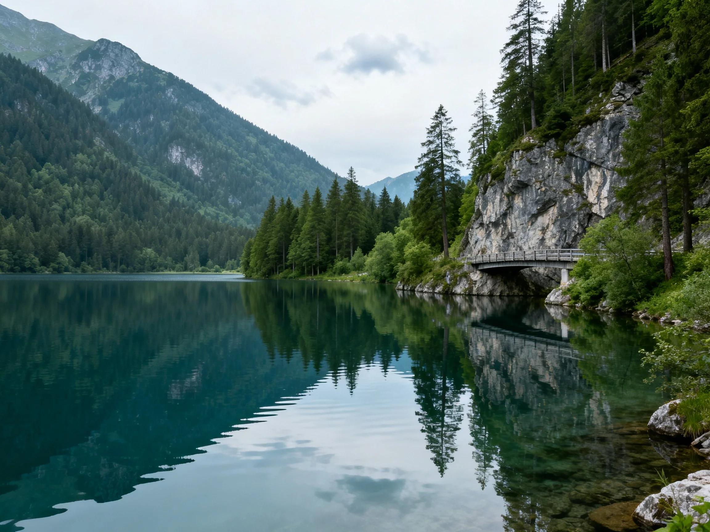 A serene mountain lake with forested cliffs and a wooden bridge