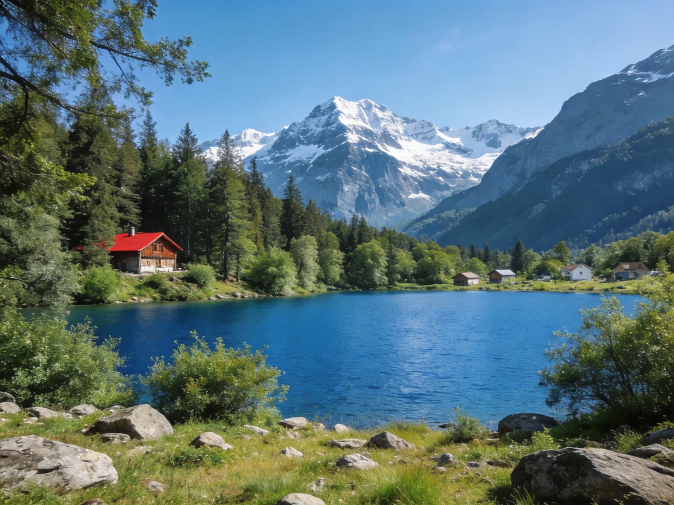 A serene mountain lake with red-roofed cabins and snow-capped peaks