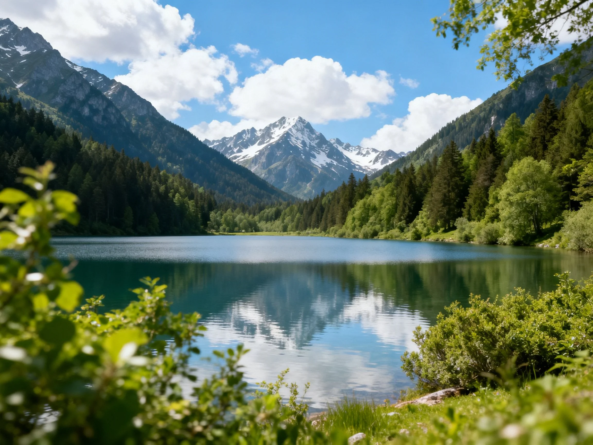 A serene mountain lake with snow-capped peaks and lush forests