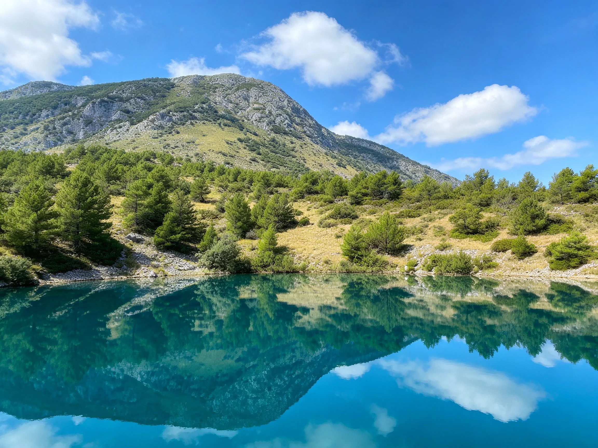 A serene mountain landscape reflects in crystal-clear turquoise waters