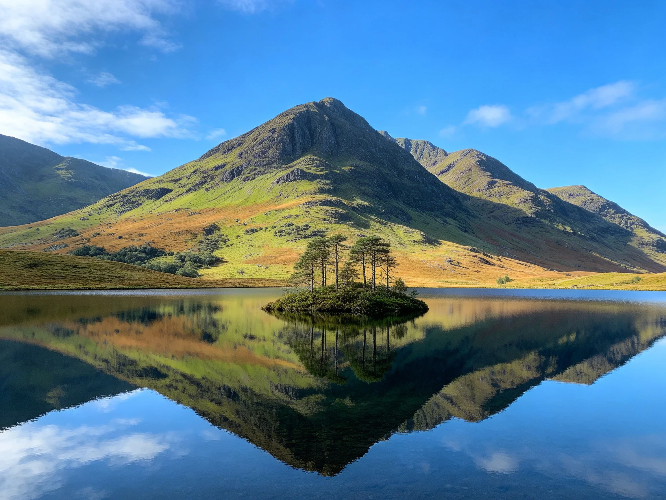 A serene mountain landscape with reflective lake and tree island
