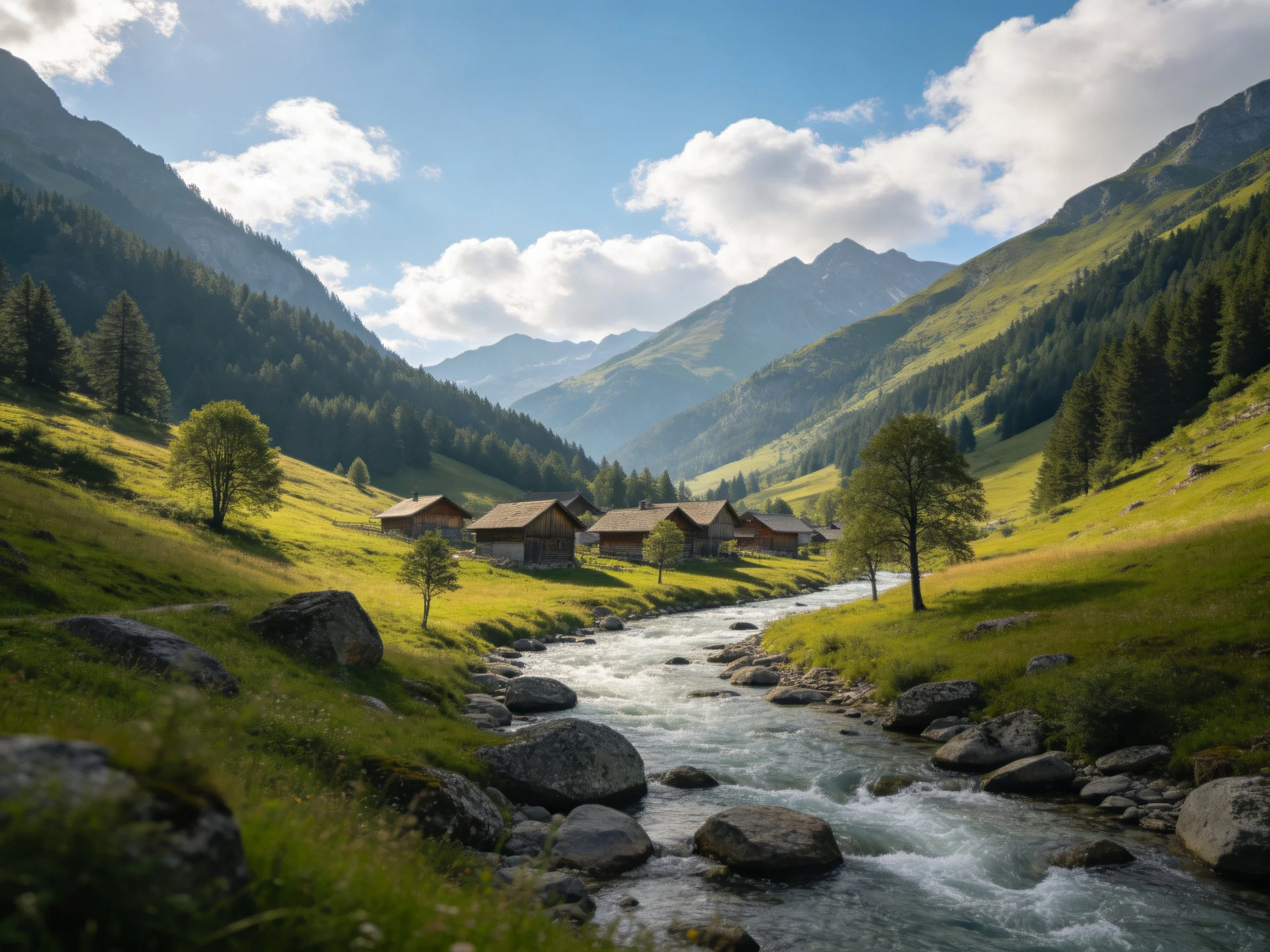 A serene mountain valley with a rushing stream and rustic cabins