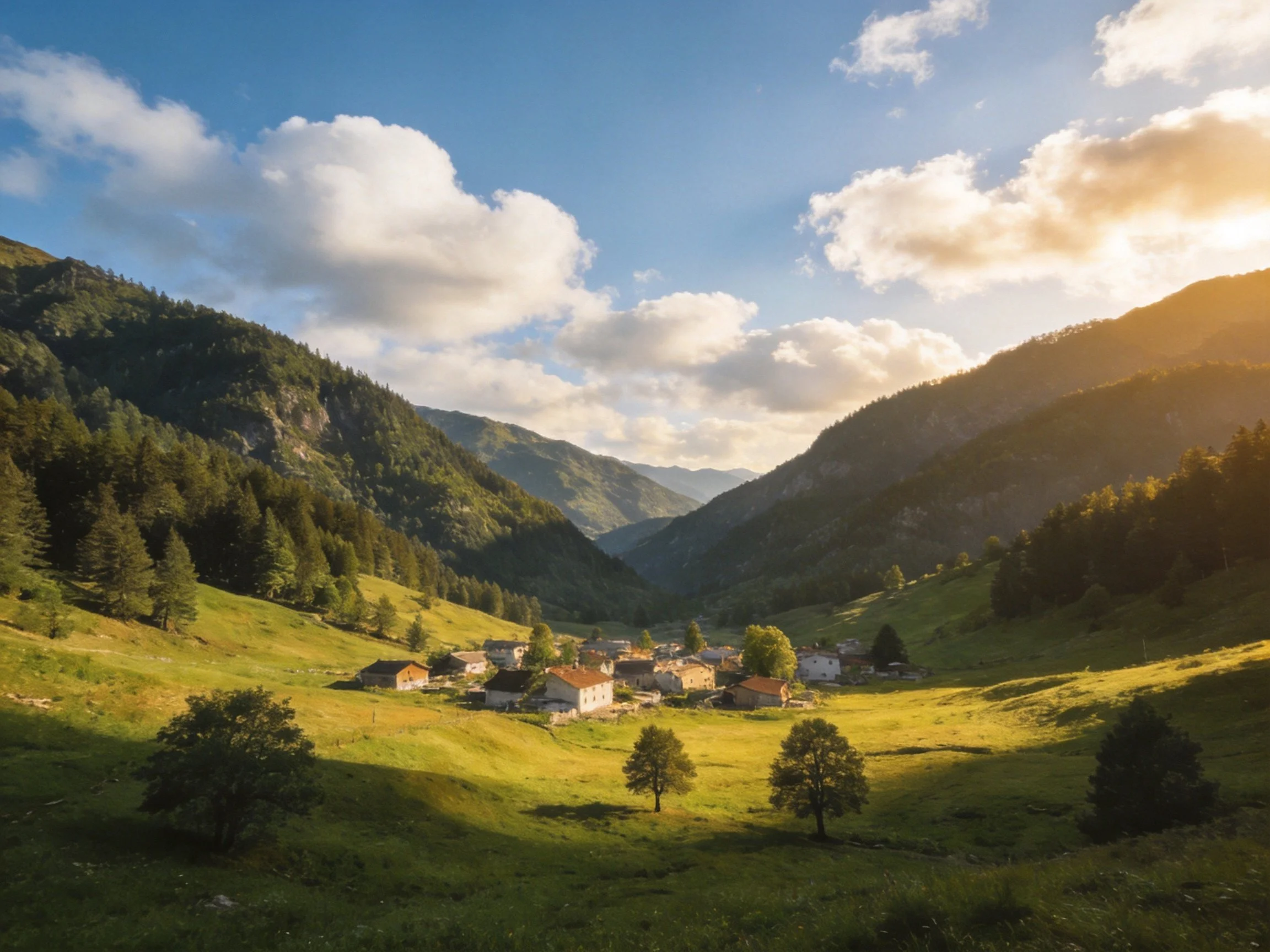 A serene mountain valley with a small village, lush greenery, and golden sunlight
