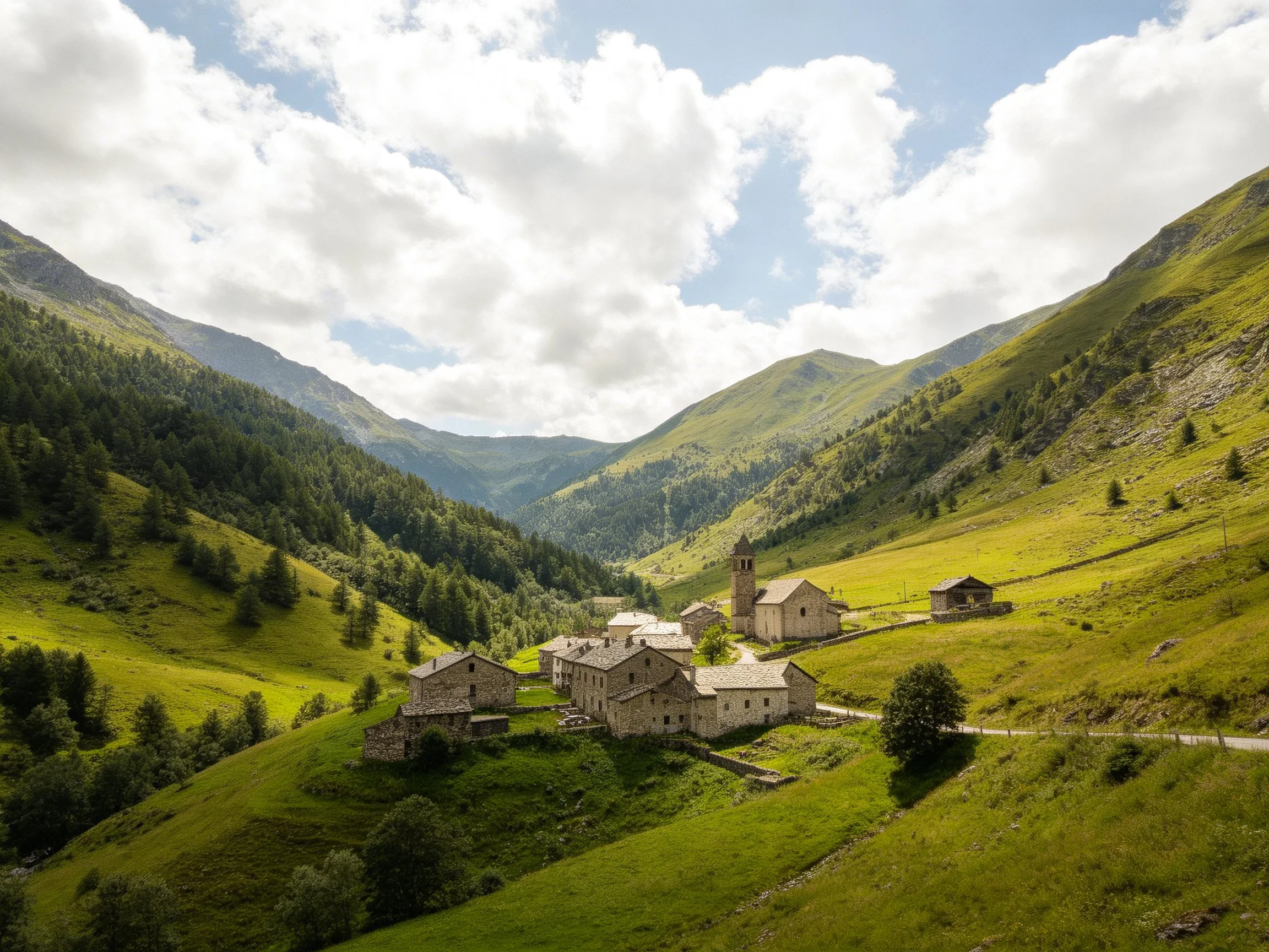 A serene mountain valley with stone village and lush green hills