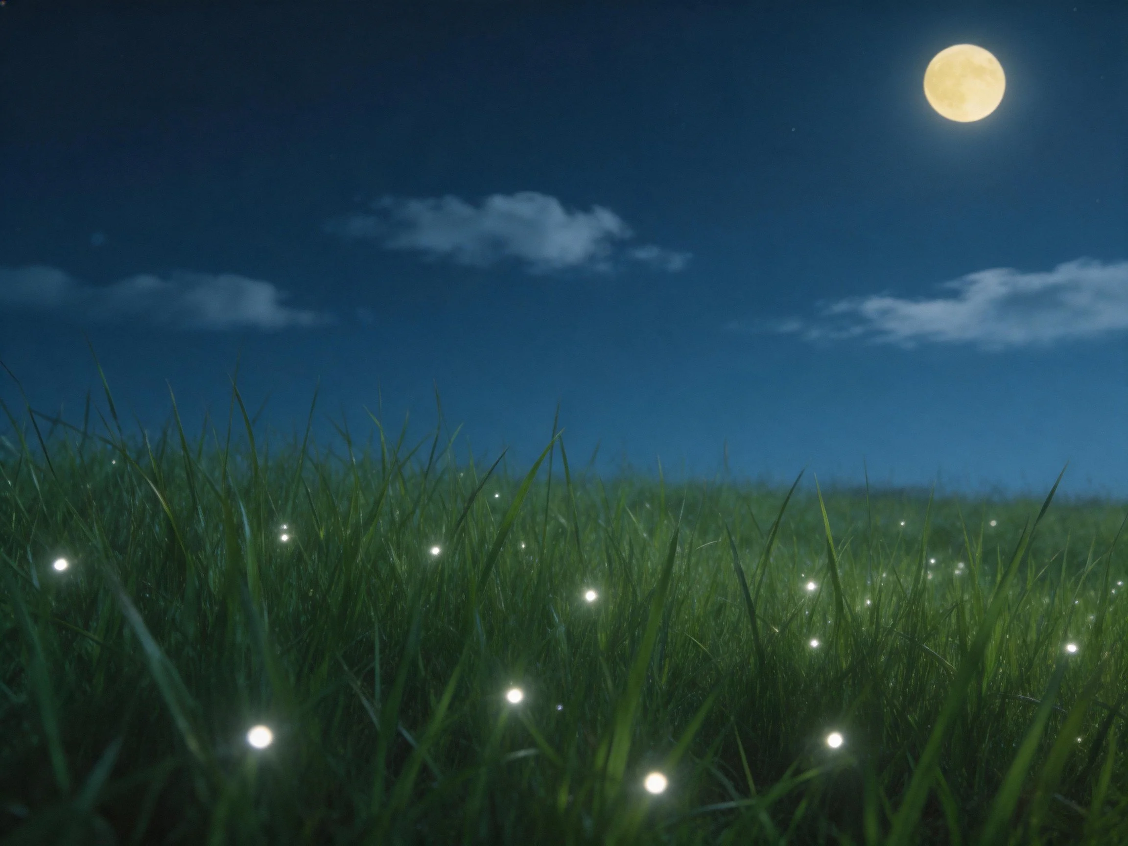 A serene night scene with a bright moon, deep blue sky, and glowing lights amid tall green grass