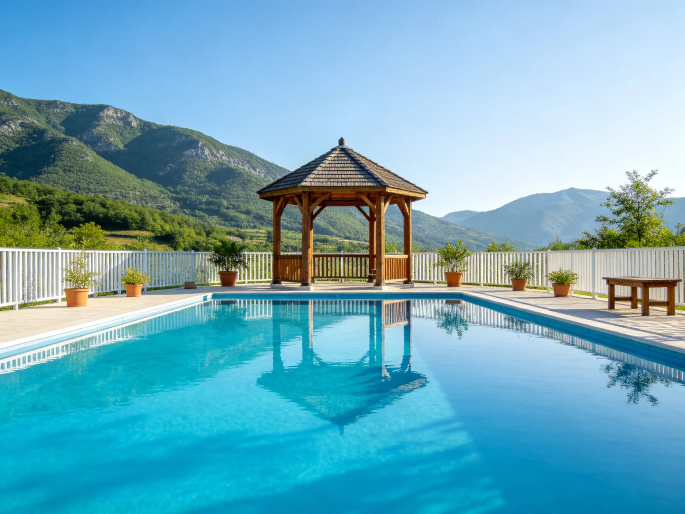 A serene outdoor pool area with a wooden gazebo and mountain backdrop