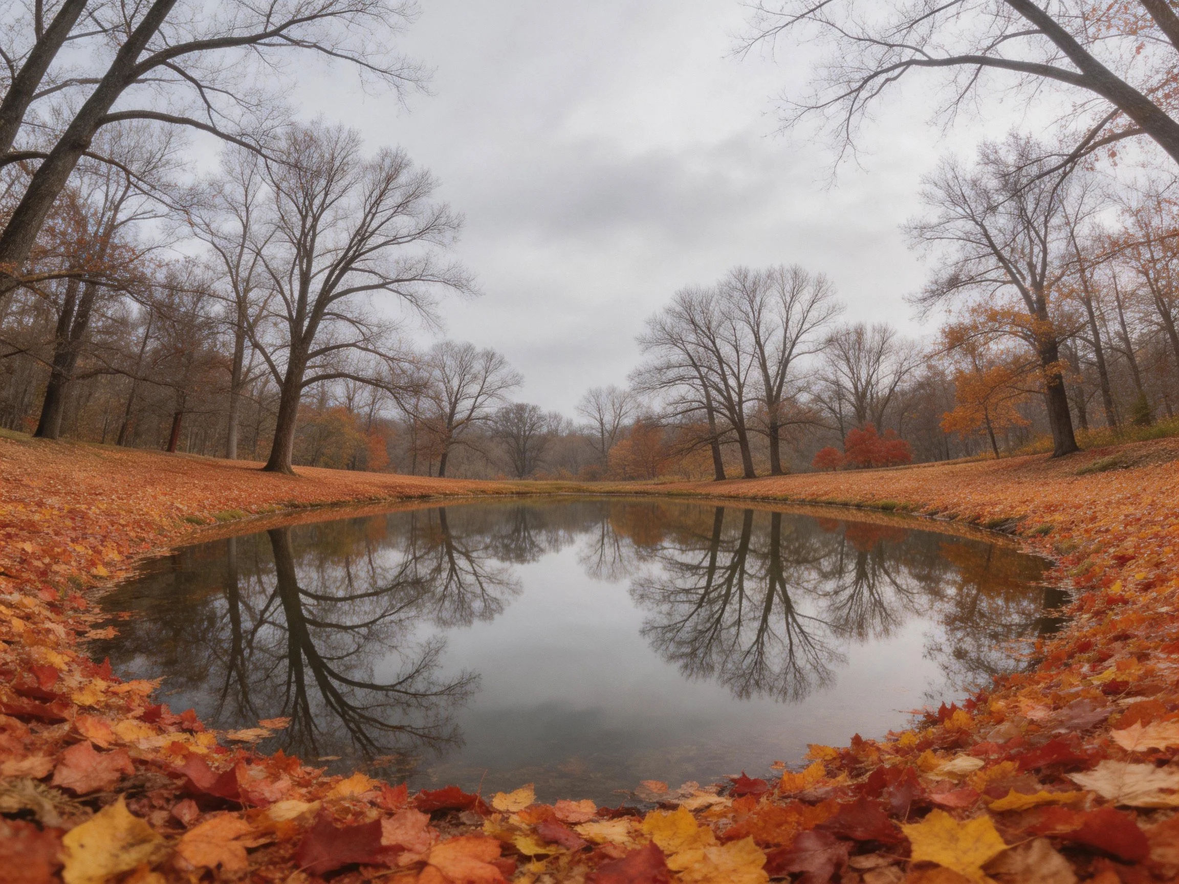 A serene pond reflecting bare trees amid orange fallen leaves