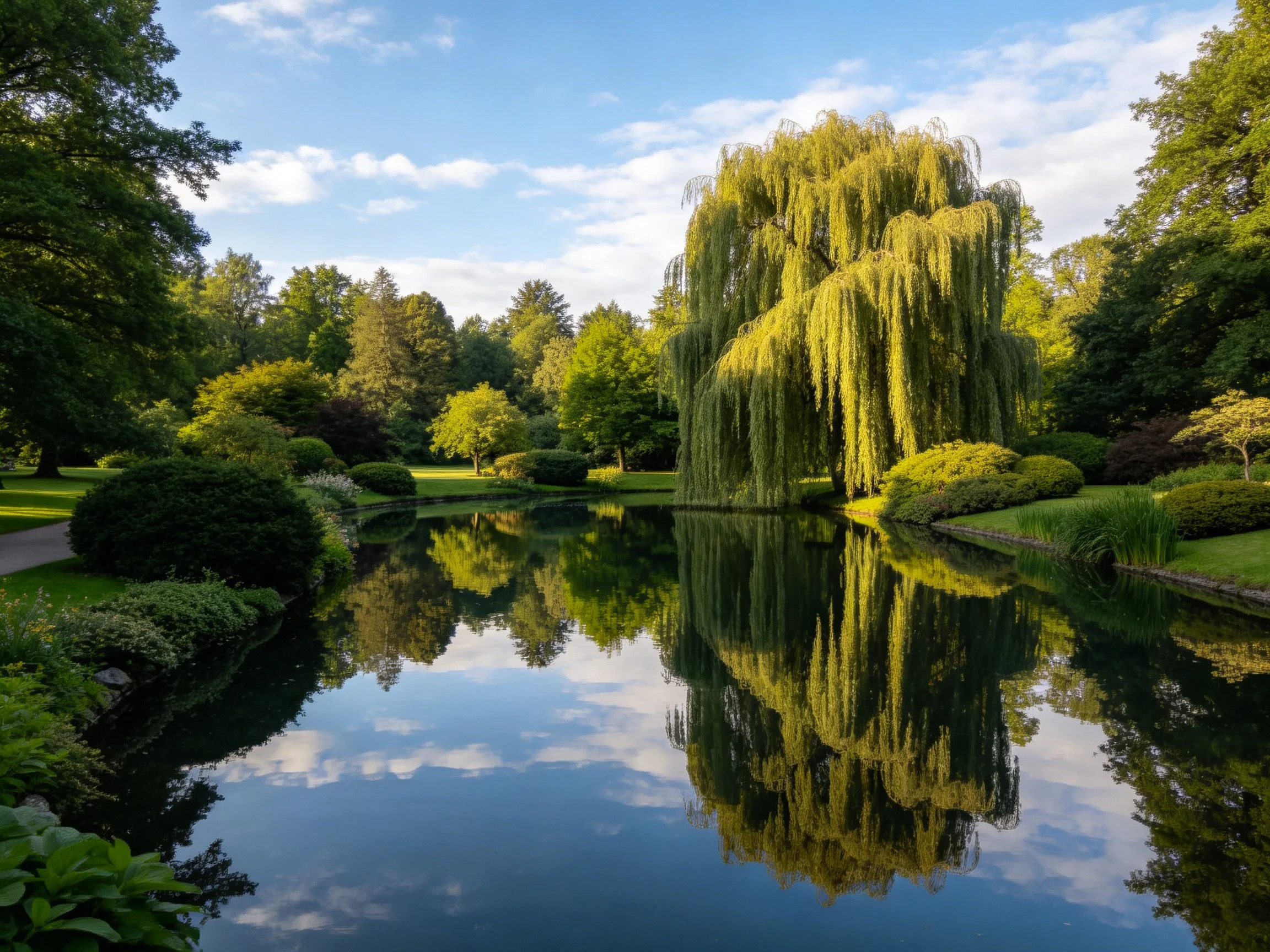 A serene pond reflecting weeping willows and lush green trees