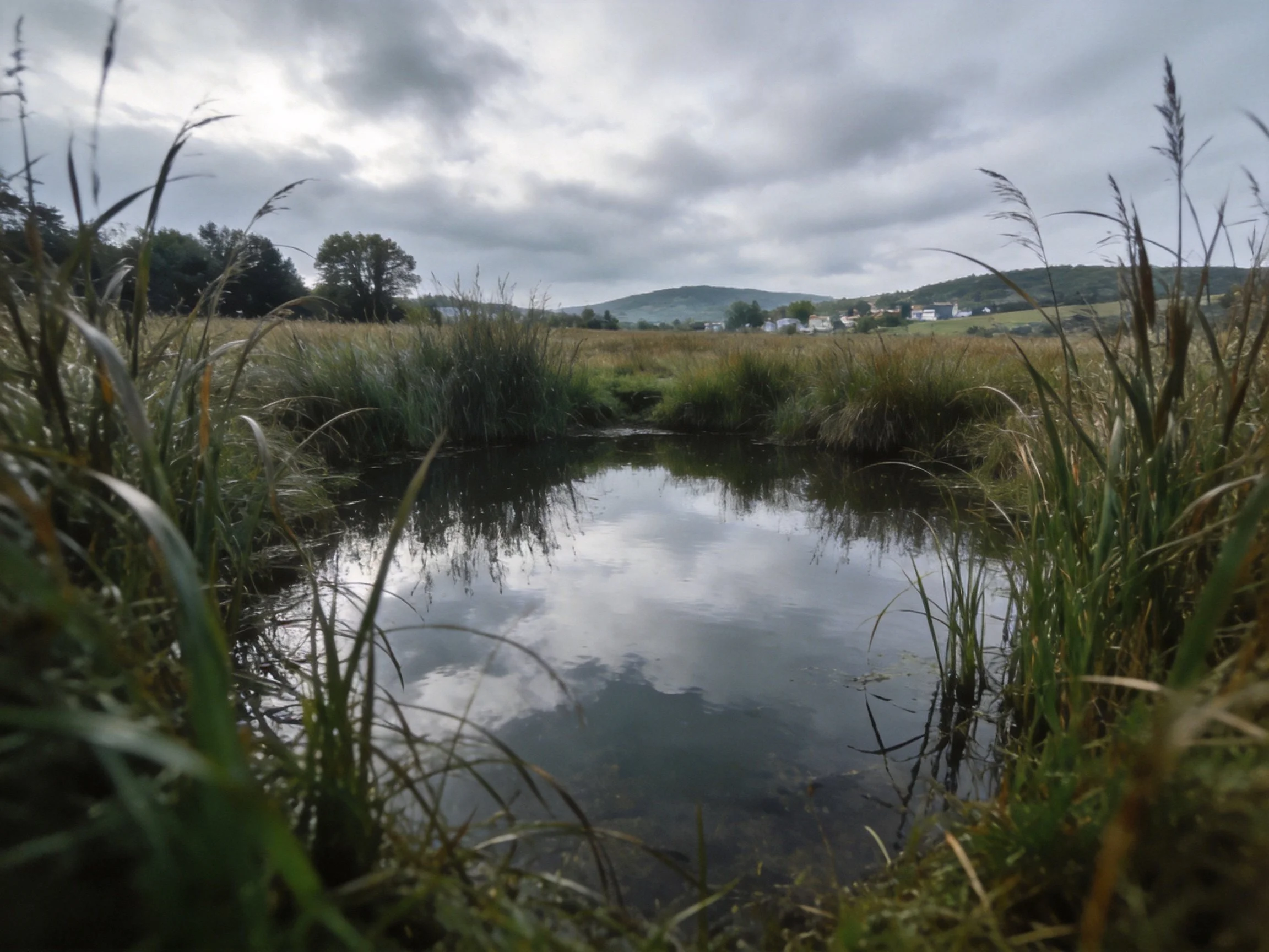 A serene pond reflects overcast sky amid tall grasses and rolling hills.
