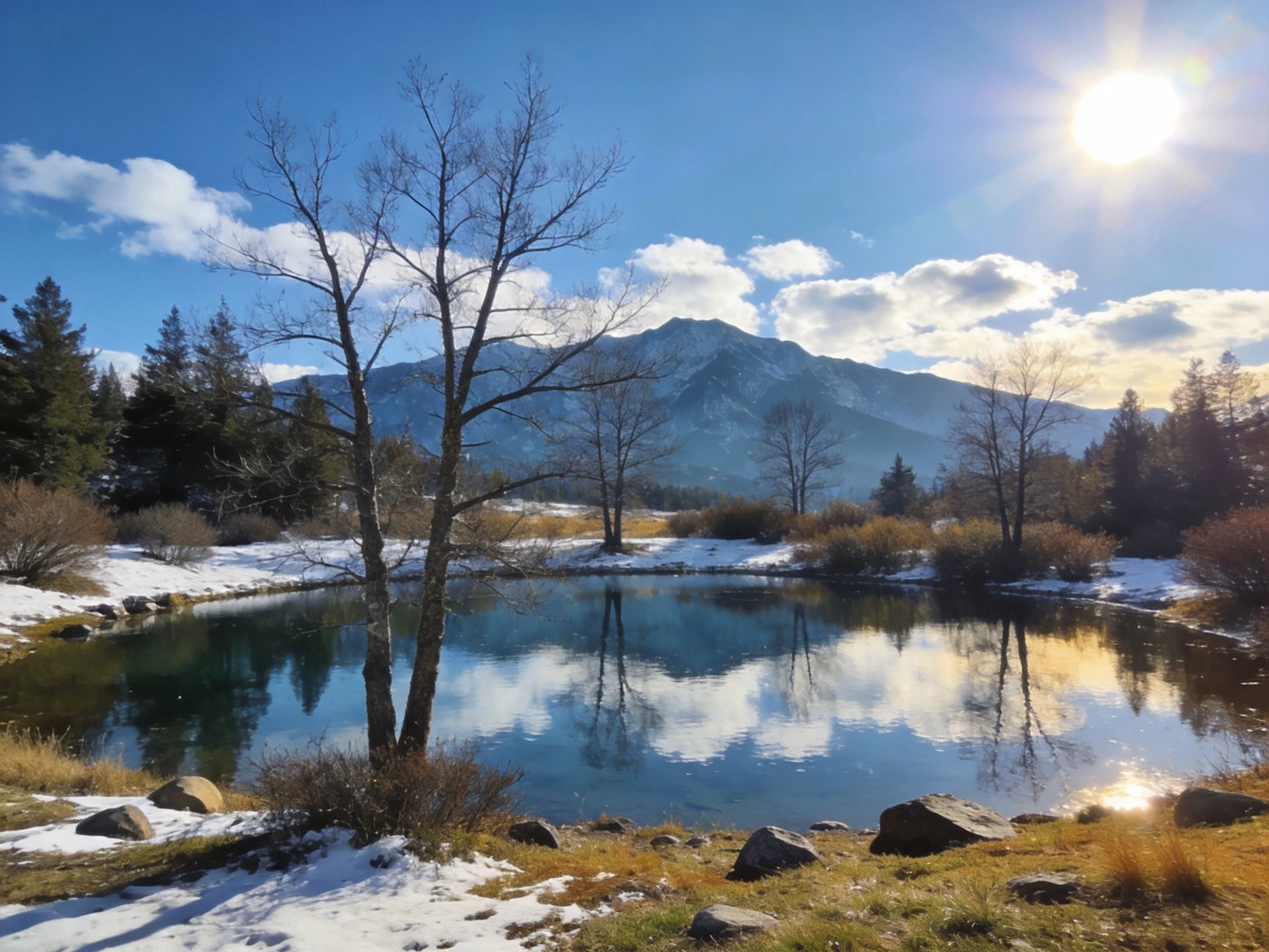 A serene pond reflects snowy mountains and clear blue sky