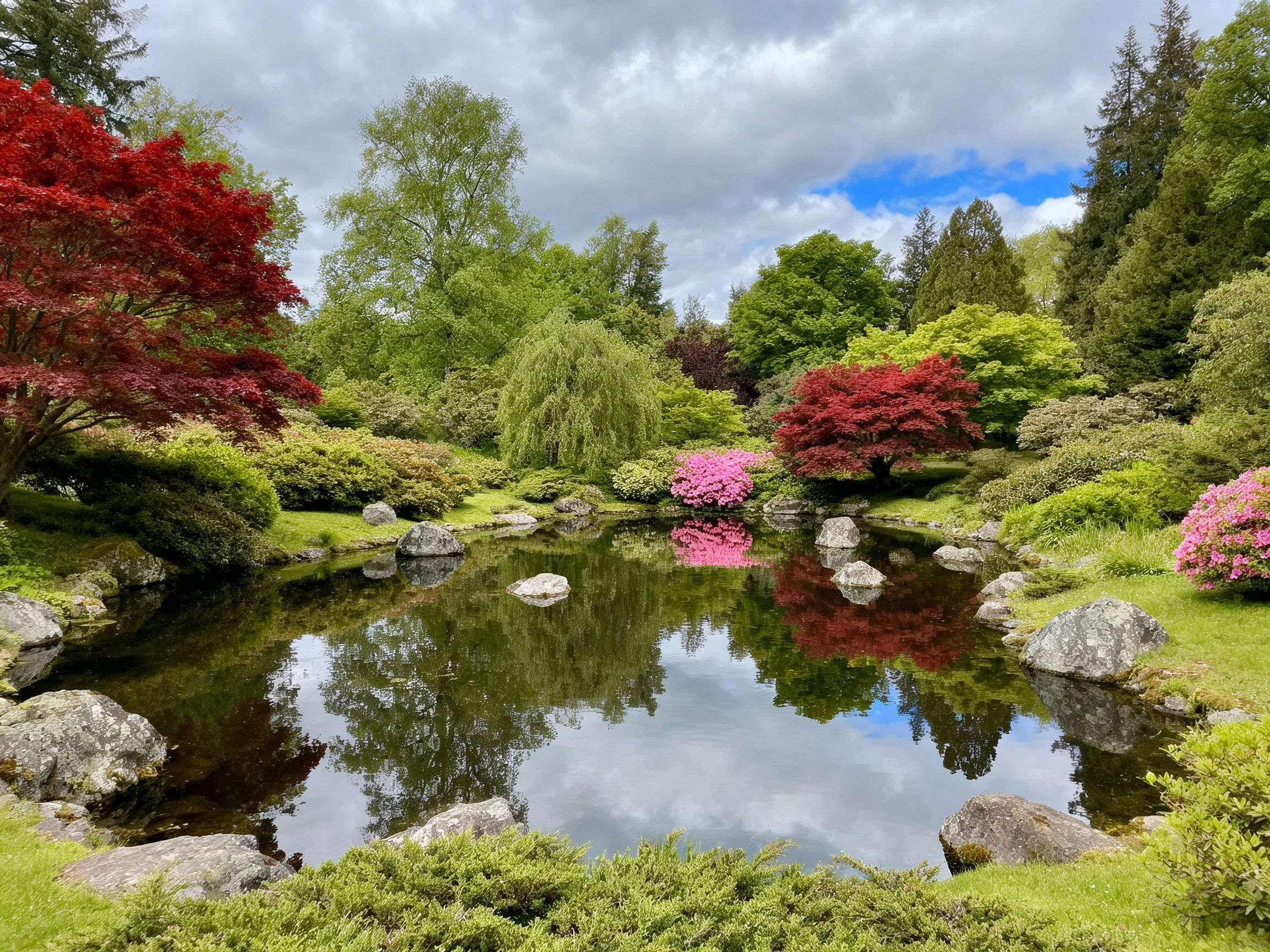 A serene pond with vibrant red and pink foliage among lush greenery