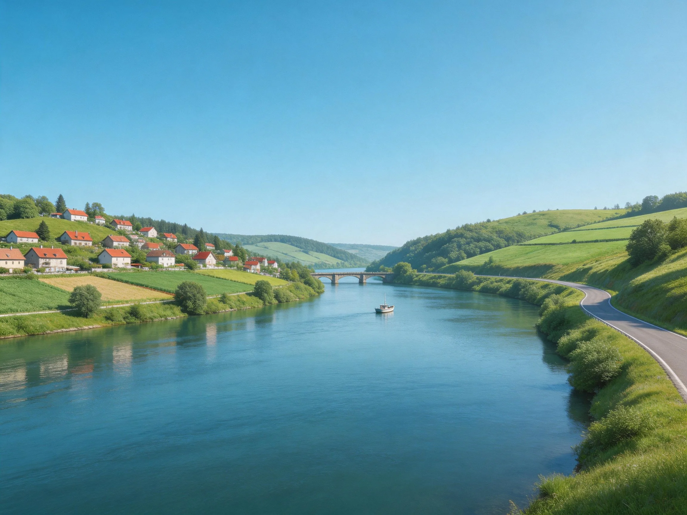 A serene river flows past a village with red-roofed homes and lush green hills