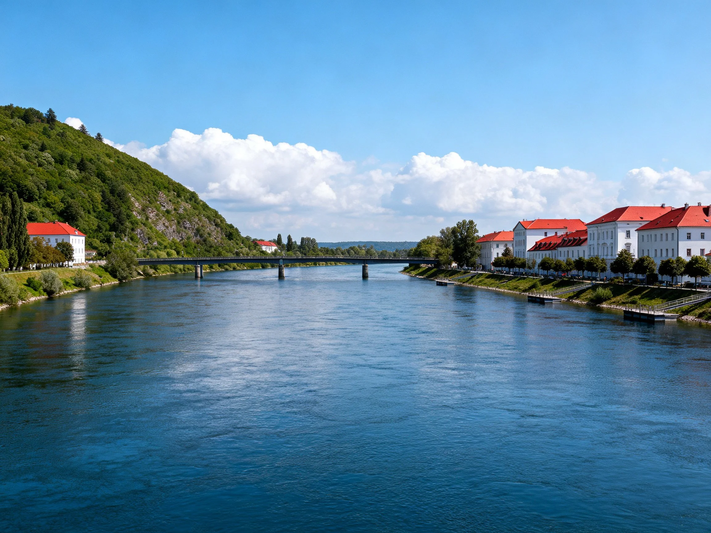 A serene river flows past red-roofed buildings beside lush green hills