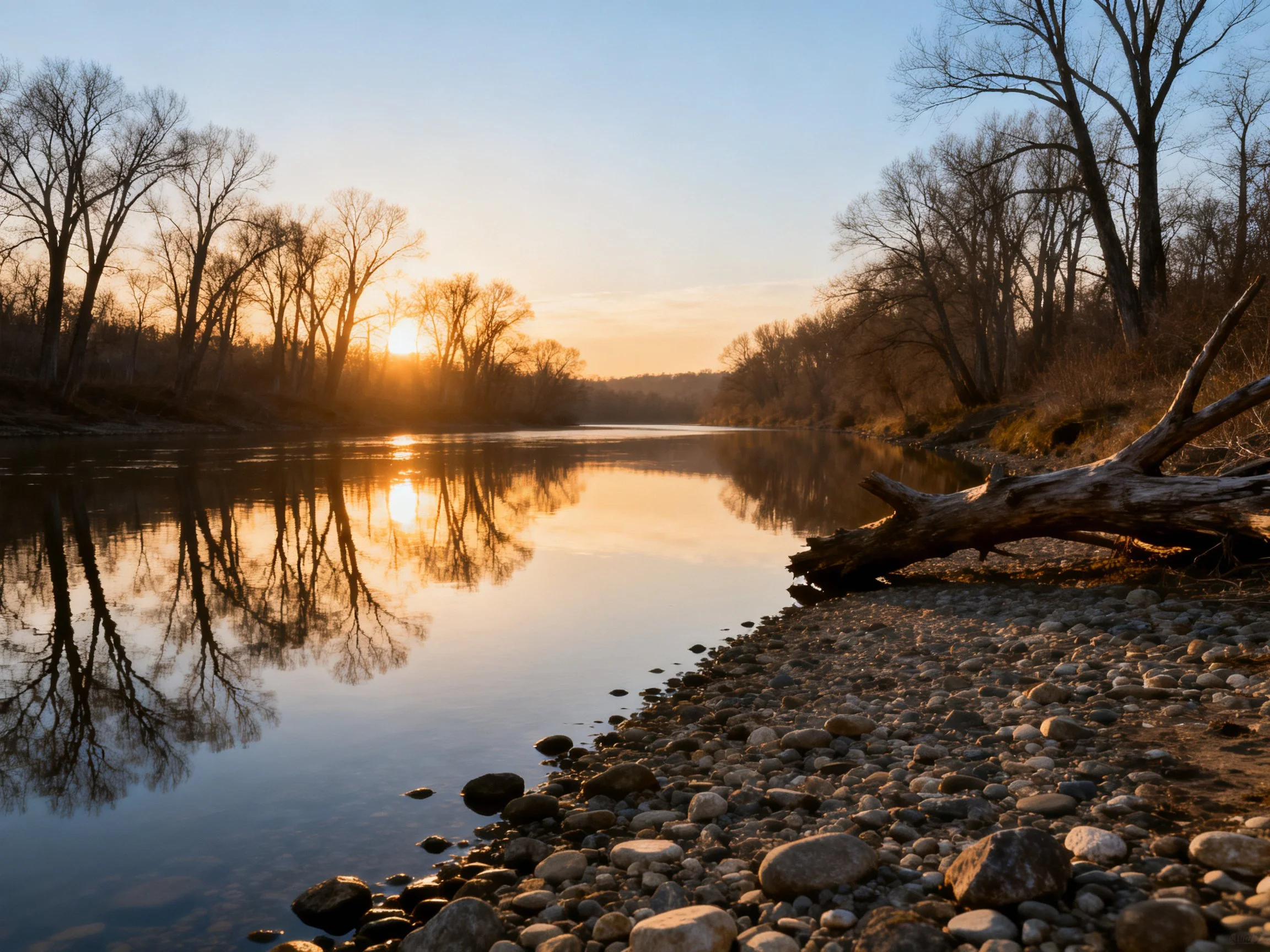 A serene river landscape with golden sunset reflectionsand rocky shoreline