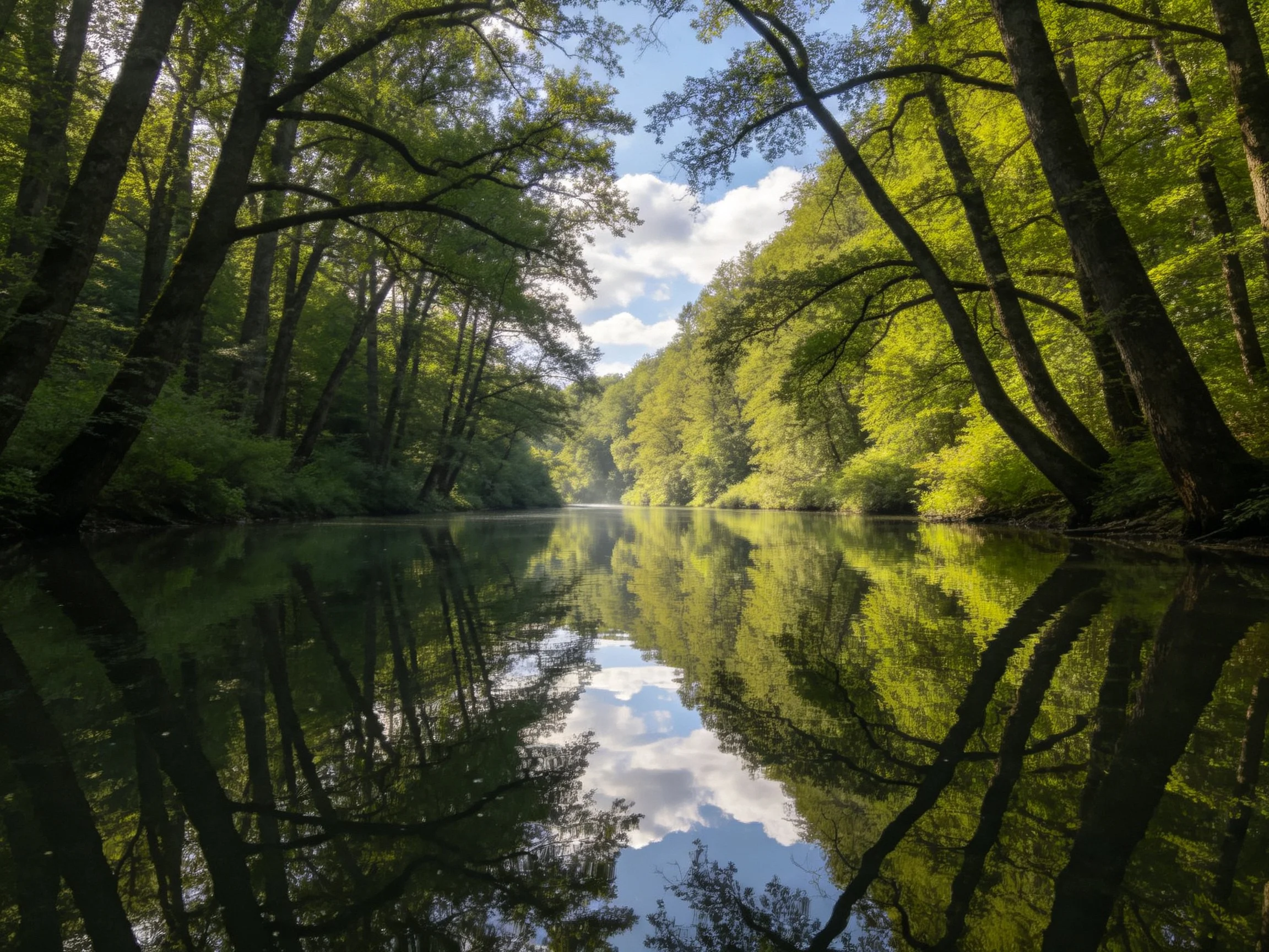 A serene river reflecting dense green forests and blue sky