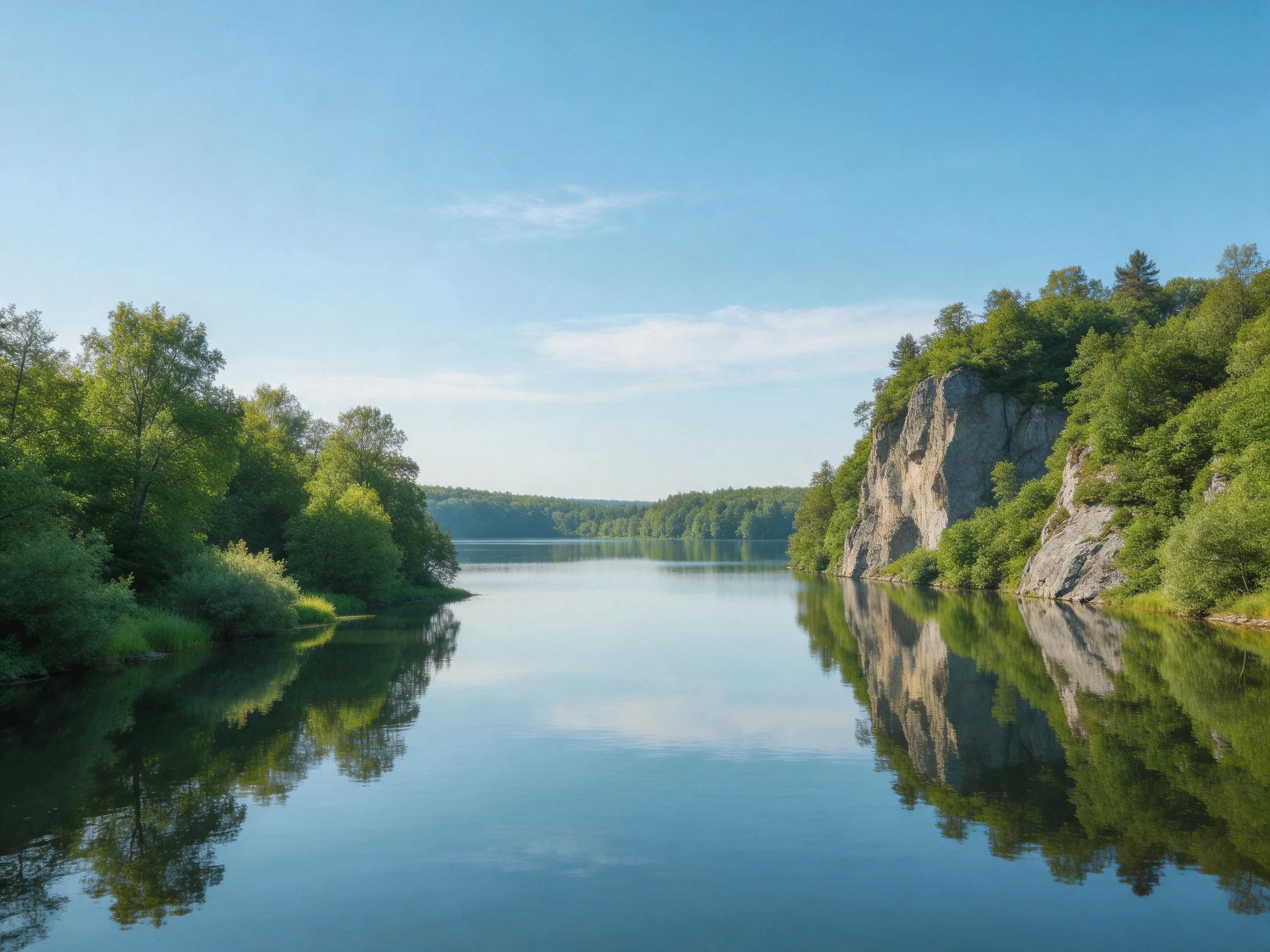 A serene river reflecting rocky cliffs and lush greenery