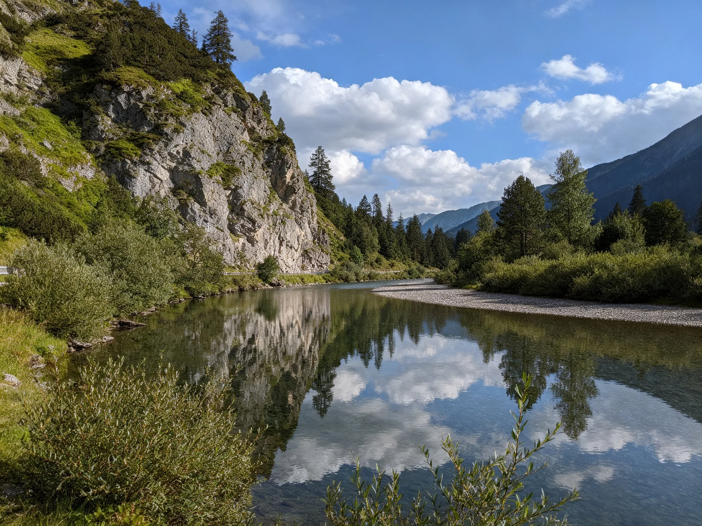 A serene river reflects a rocky cliffside and lush greenery under a bright blue sky
