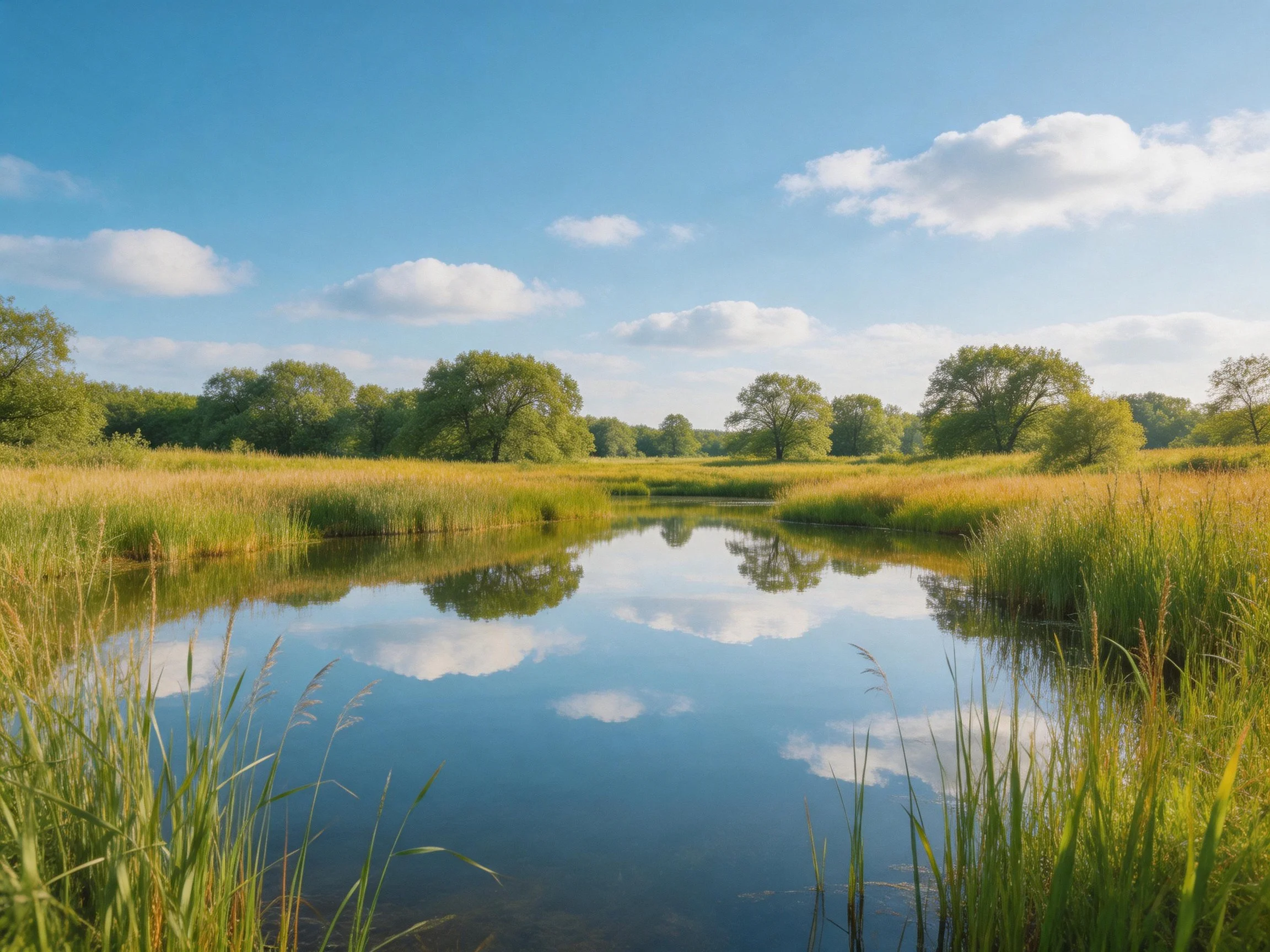 A serene river reflects blue sky with surrounding greenery
