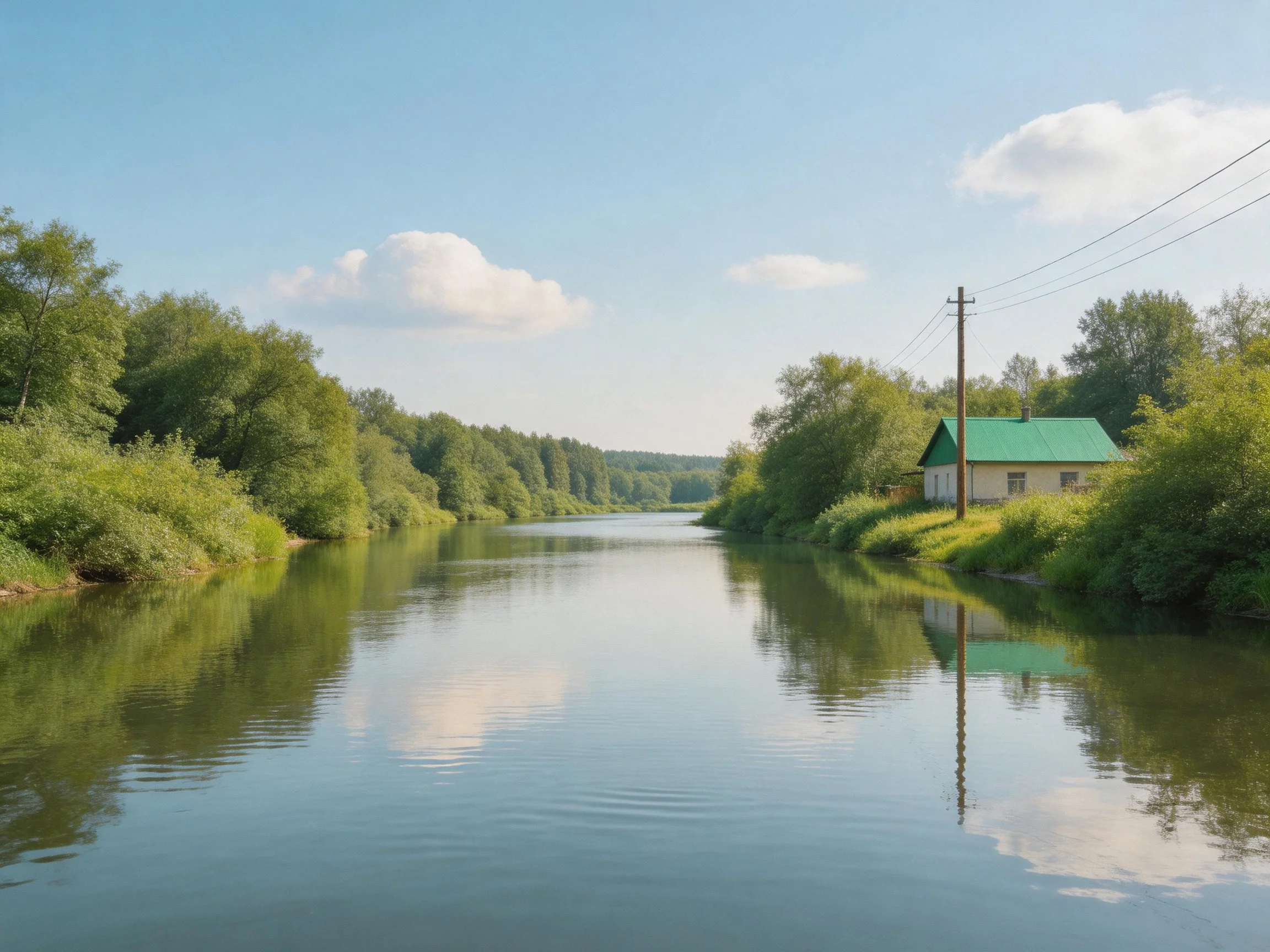A serene river reflects lush greenery and a green-roofed house