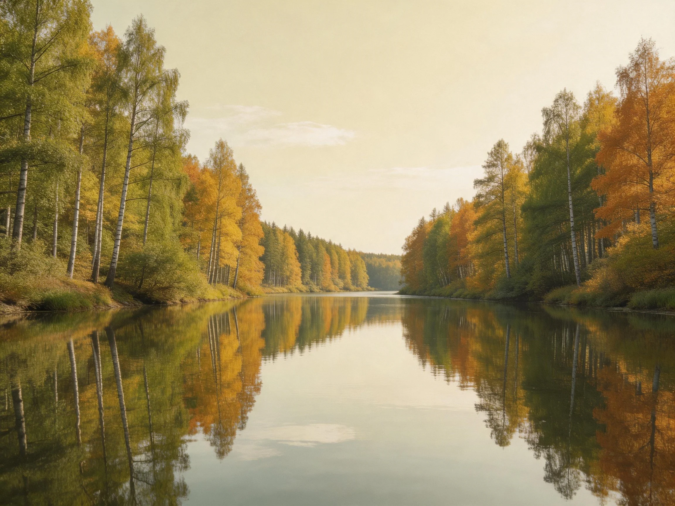 A serene river reflects vibrant autumn trees along both banks