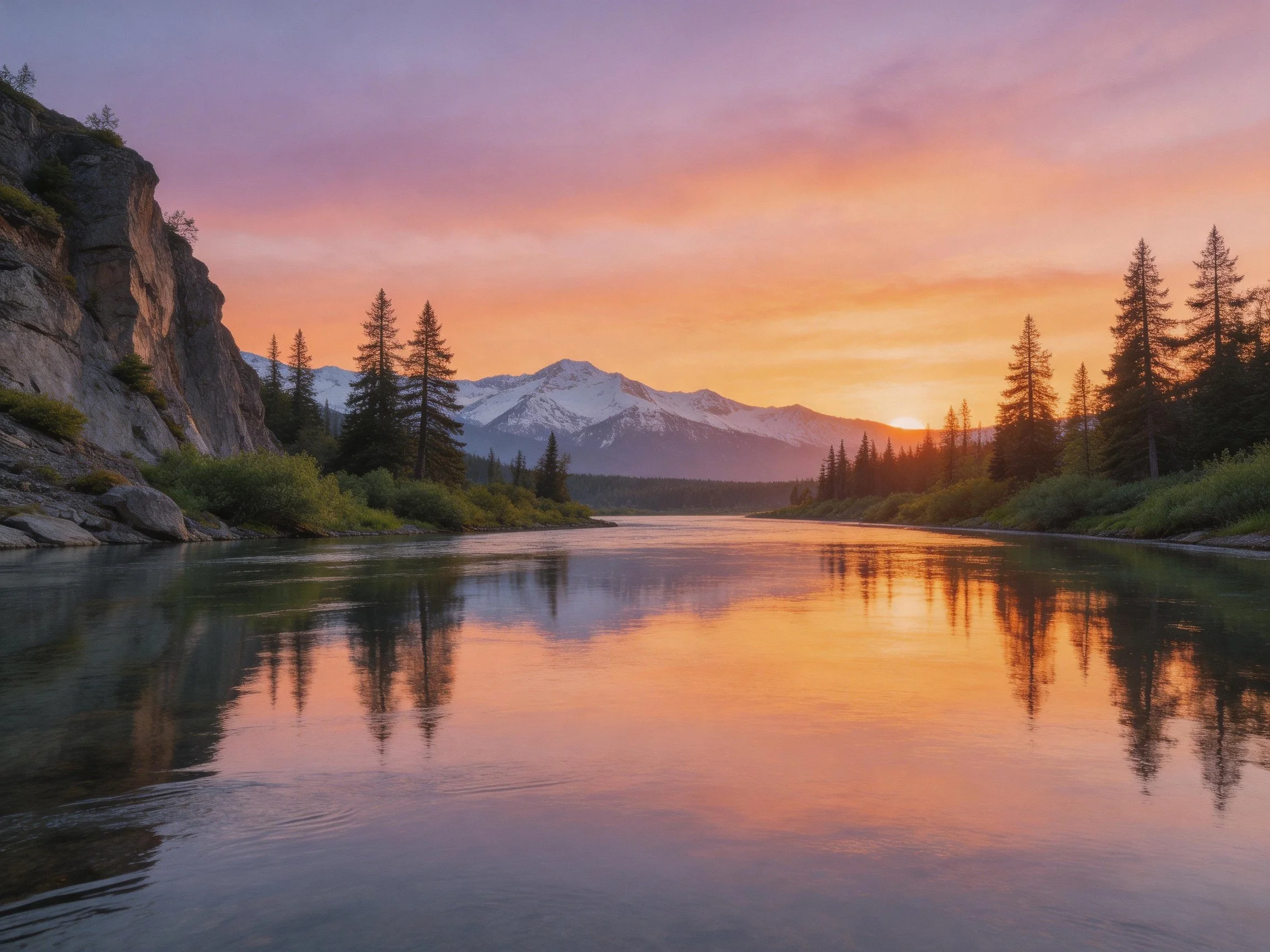 A serene river reflects vibrant sunset near rocky cliffs