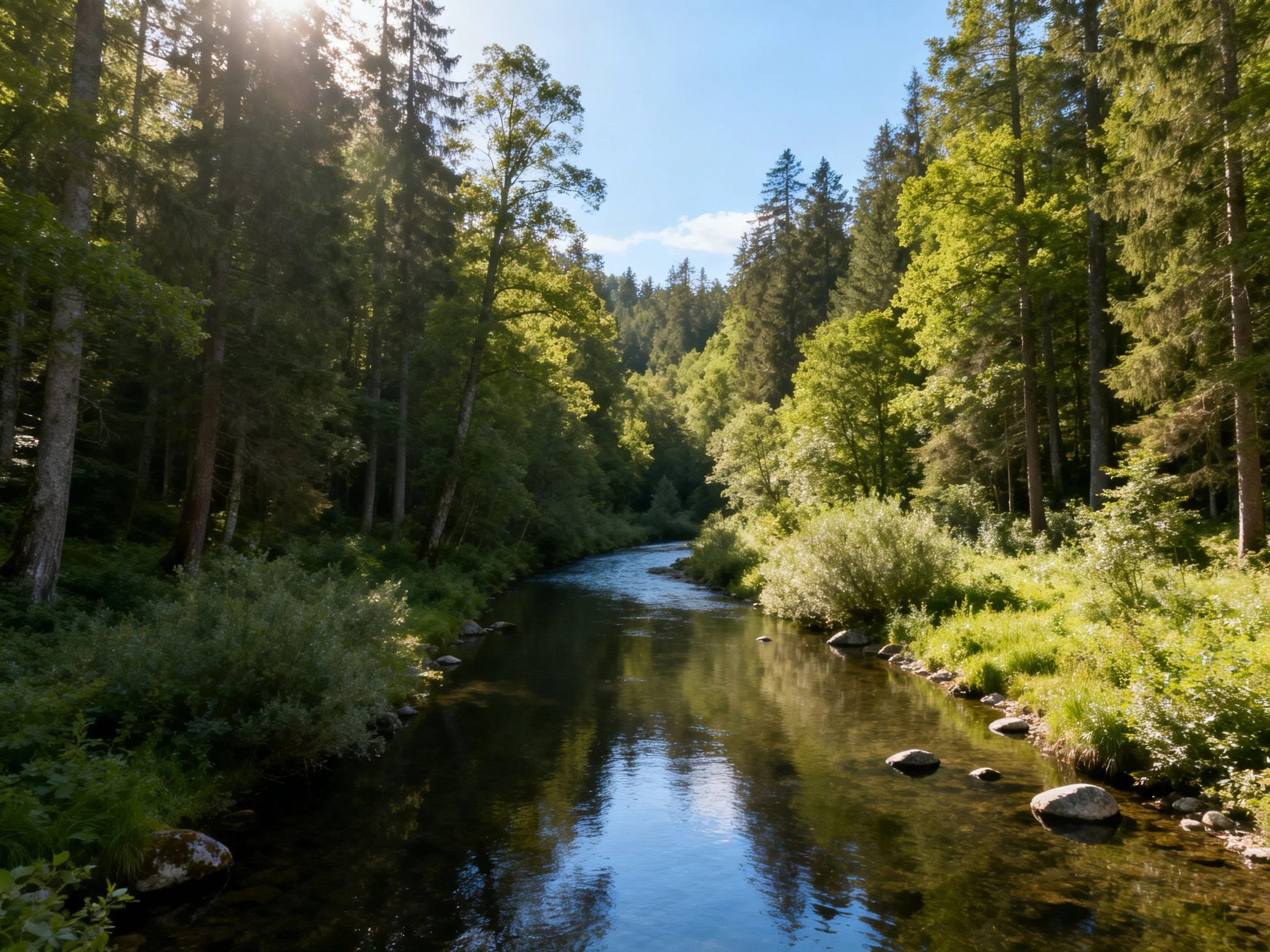 A serene river winding through dense green forests under bright sunlight