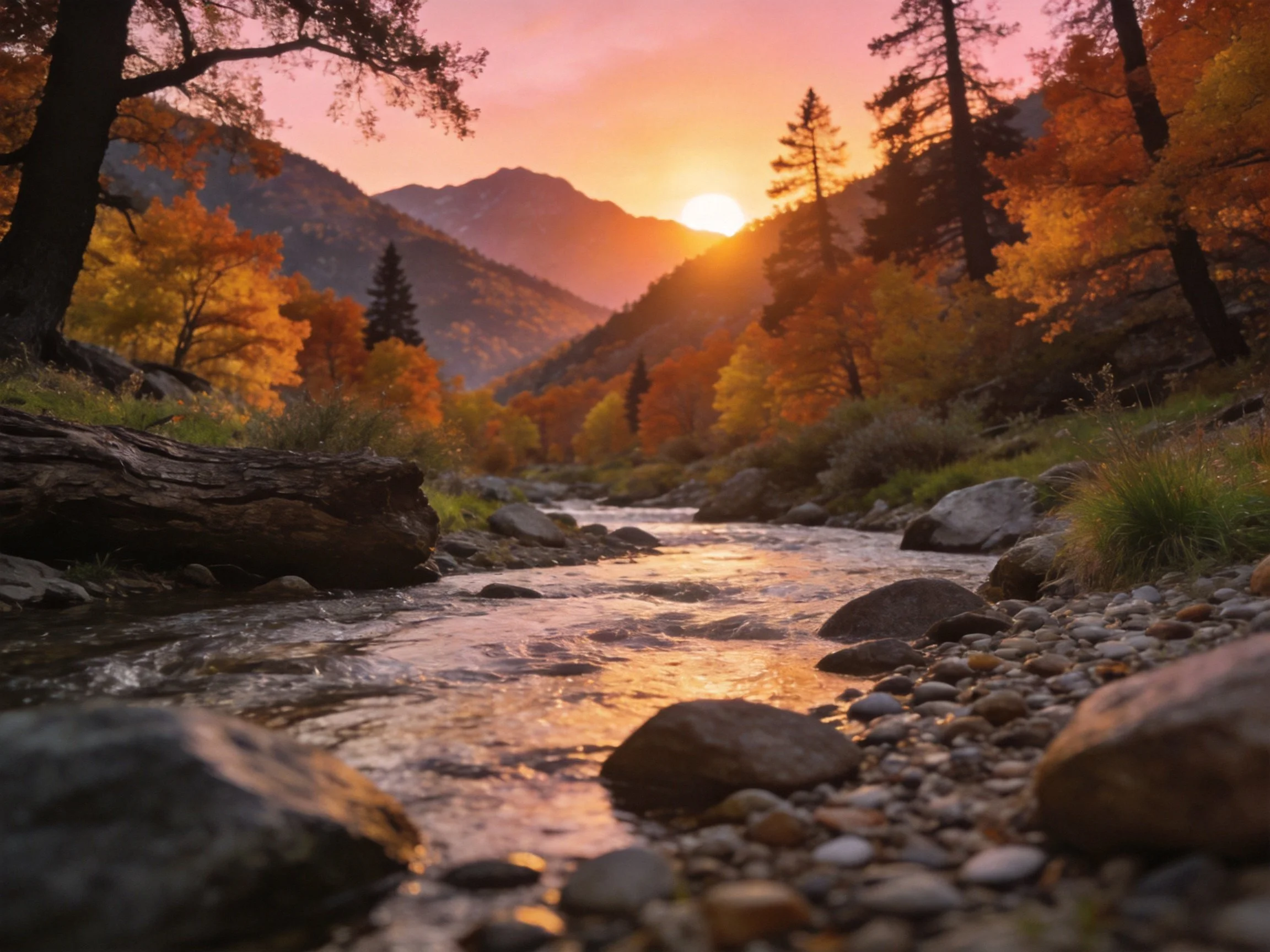 A serene river winds through autumn forest under glowing sunset mountains