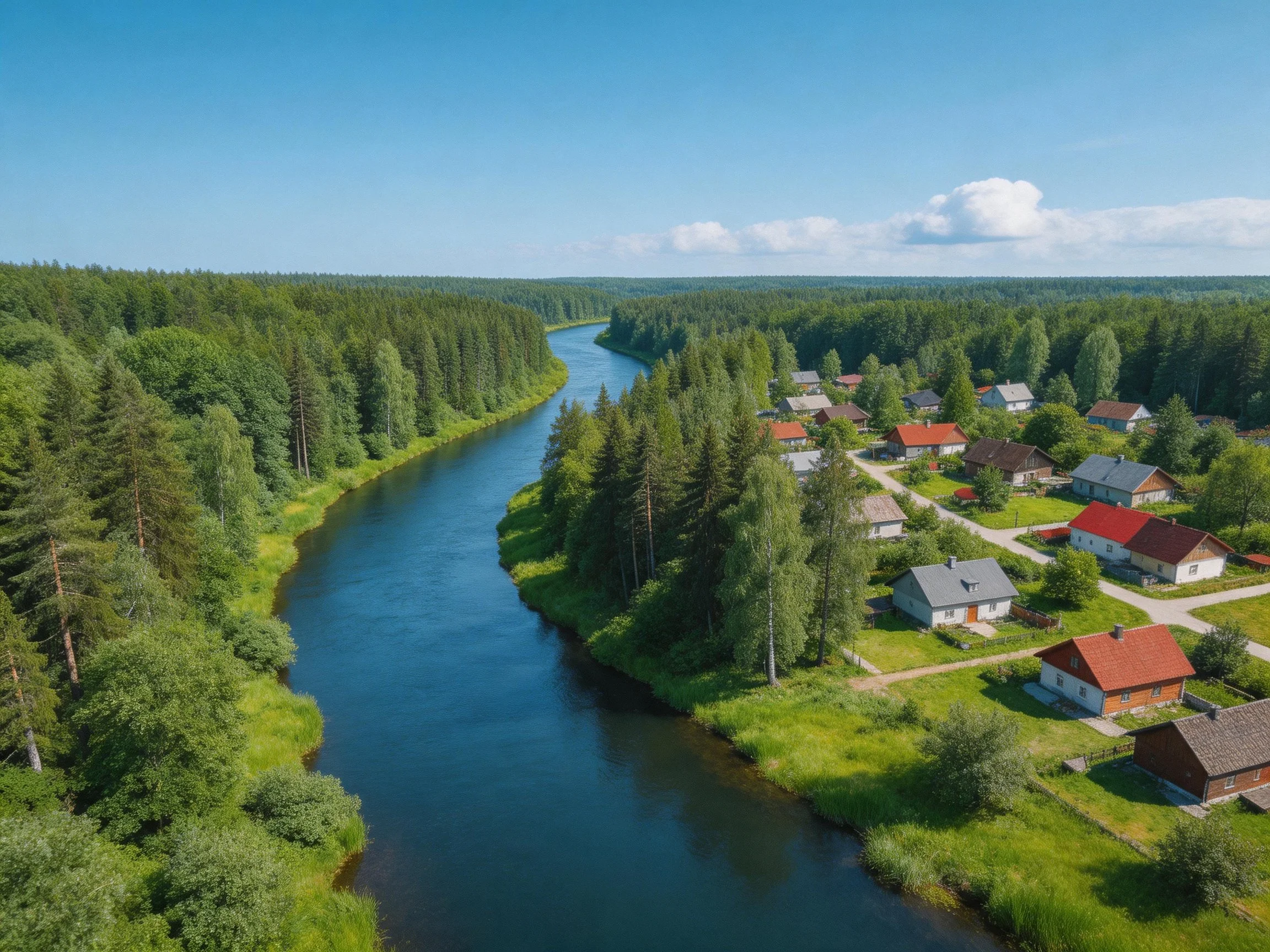 A serene river winds through dense forests near a quaint village