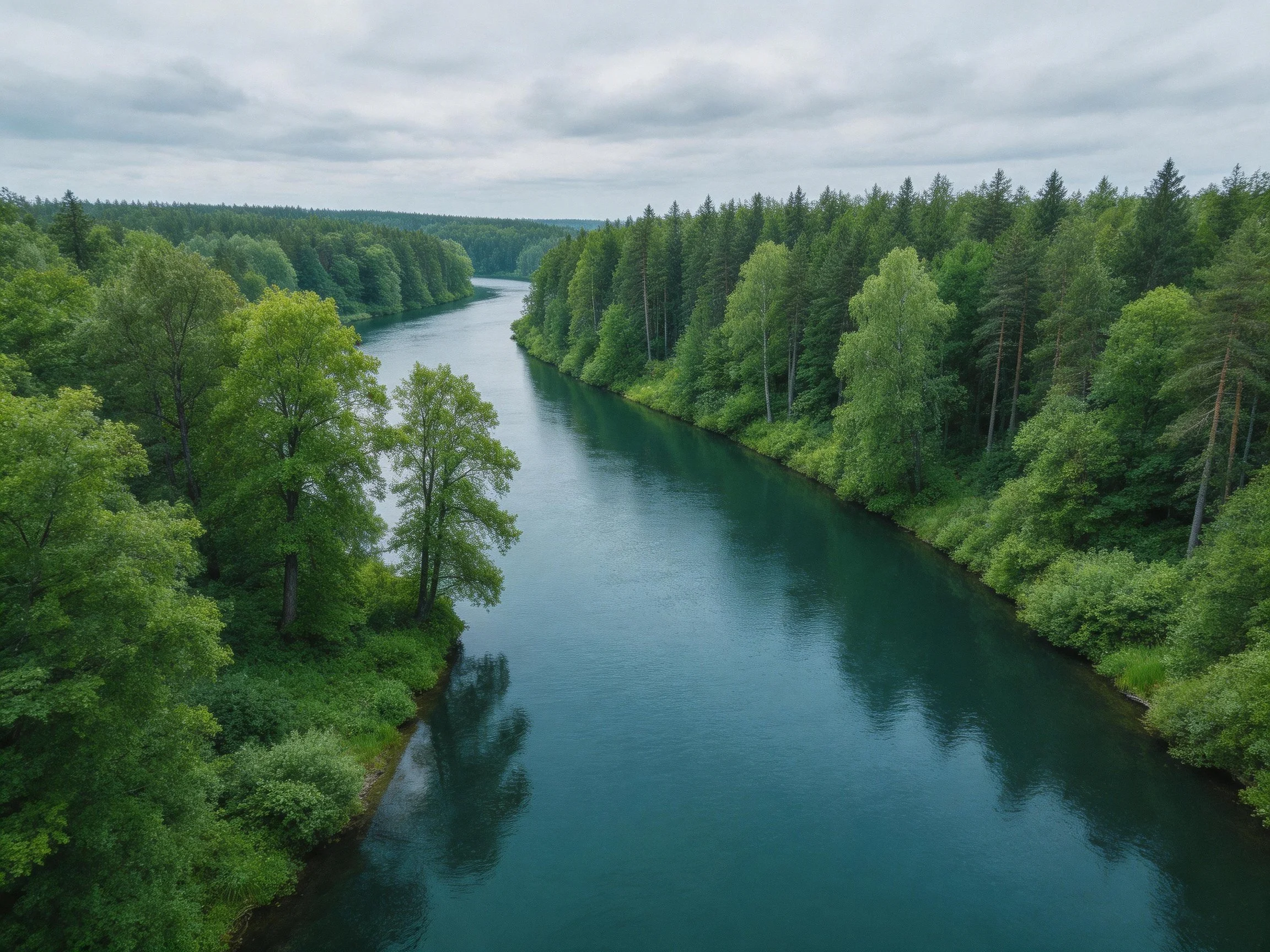 A serene river winds through dense green forests under a cloudy sky.